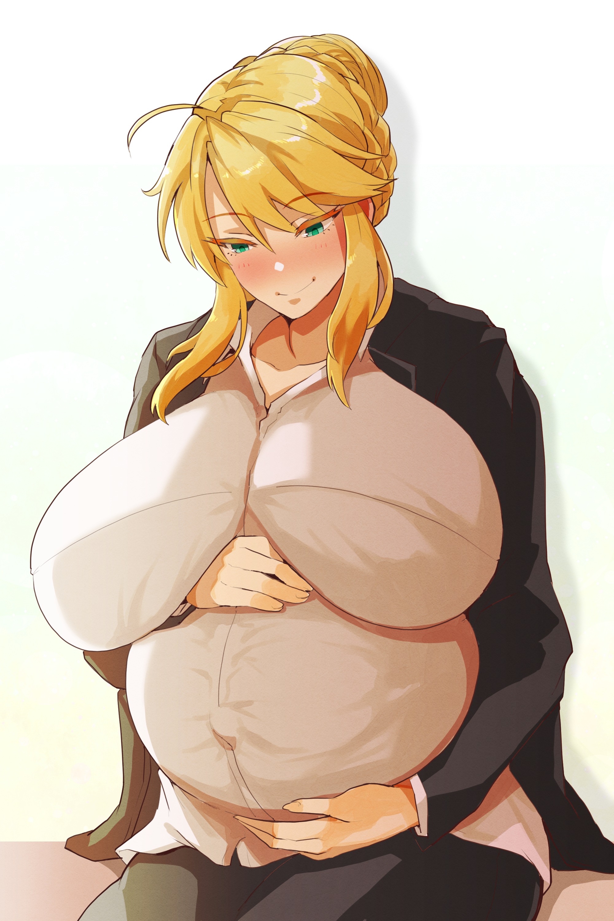 41 (taskmaster41), artoria pendragon, artoria pendragon (lancer), black coat, black pants, blonde hair, blushing, braid, breasts, coat, fate (series), fate/grand order, female, hair between eyes, holding stomach, huge belly, huge breasts, maternity clothes, pants, pregnant, ready to pop, sitting, smile, solo, white background, white shirt, wholesome
