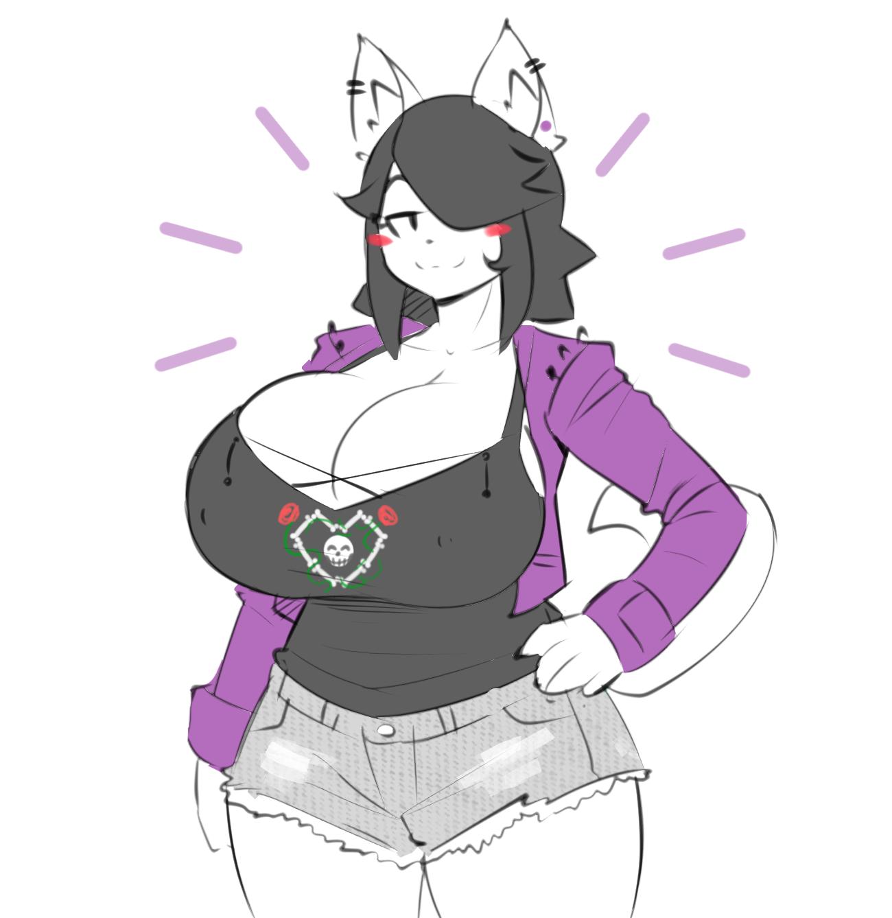:3, 1girls, anthro, big breasts, blank background, breasts, cleavage, female, furry, grey shorts, huge breasts, looking at viewer, maggie applebee, purple jacket, simple background, tagme, theycallhimcake, white background
