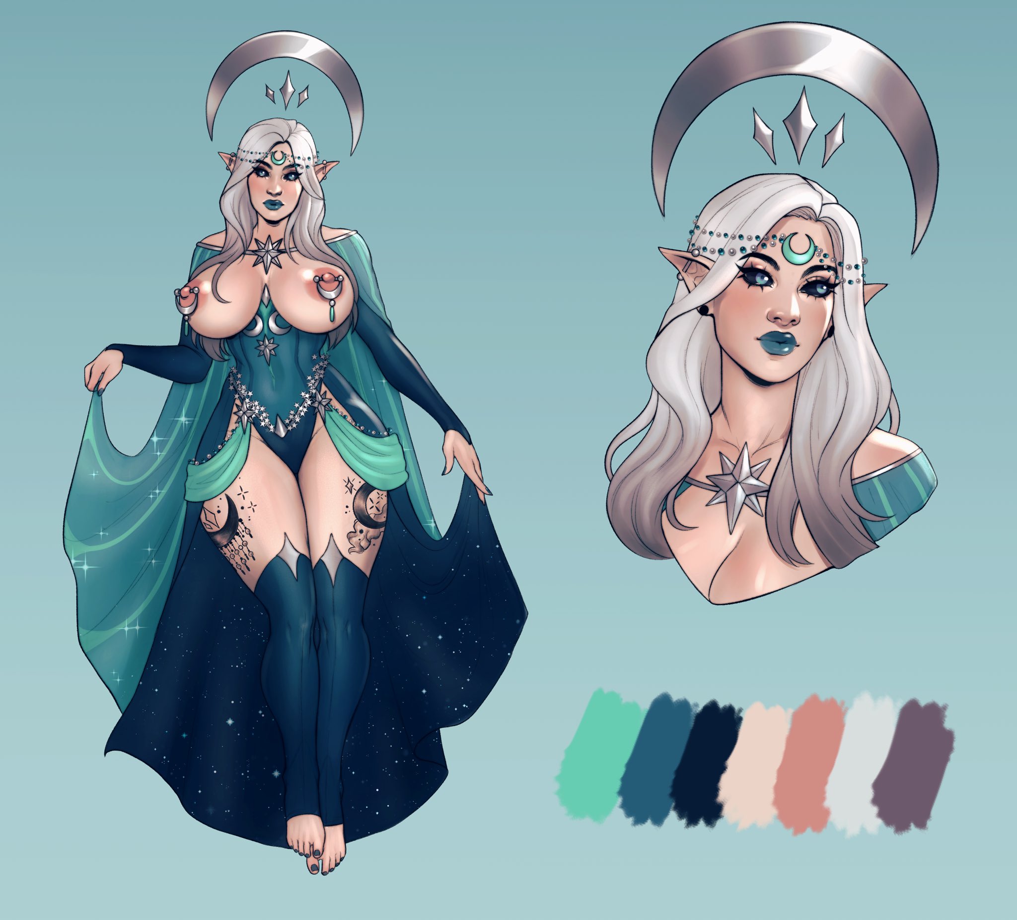 1girls, akira raikou, black sclera, breasts, character sheet, dress, feet, female, huge breasts, monster girl, pointy ears, pose, solo, tattoos, white hair, wide hips