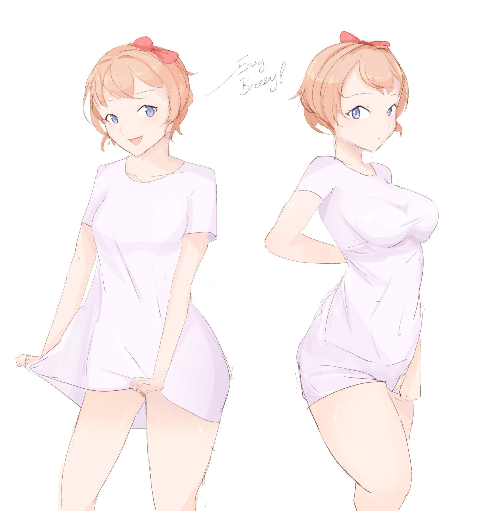 1girls, 9 9bird, blue eyes, bow, clothing, doki doki literature club, eyebrows visible through hair, female, hairbow, just sayori, kkyz13, looking at viewer, nightgown, orange hair, red bow, sayori (doki doki literature club), shirt, short hair, simple background, thigh gap, thighs