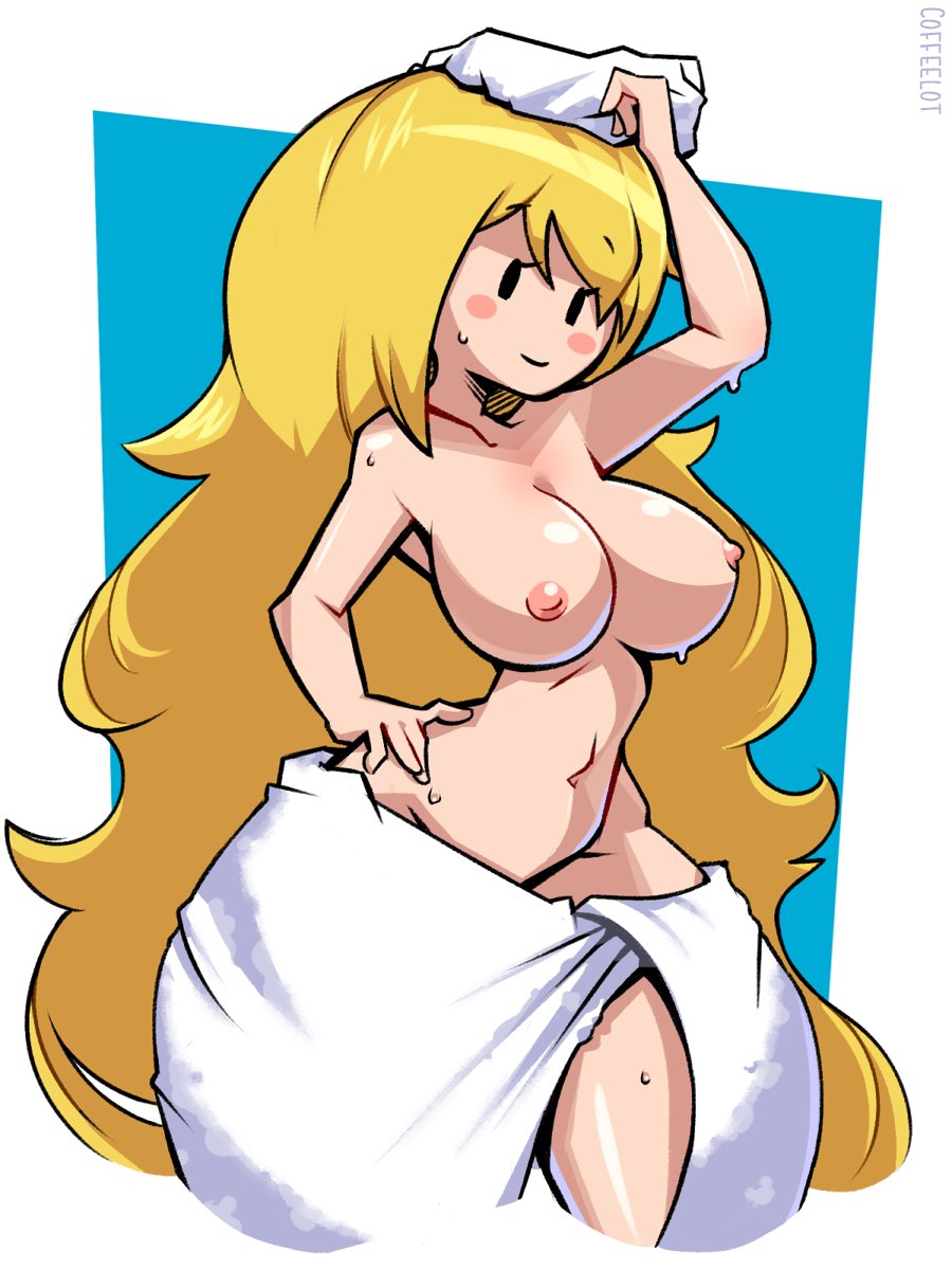 adventure time, after shower, blonde hair, blue background, blush, breasts, cartoon network, casual, coffeelot, dripping, female, fionna the human girl, hand on hip, human, large breasts, long hair, looking at viewer, nipples, pale skin, simple background, towel, towel around waist, towel on head, towel only, wet, wide hips