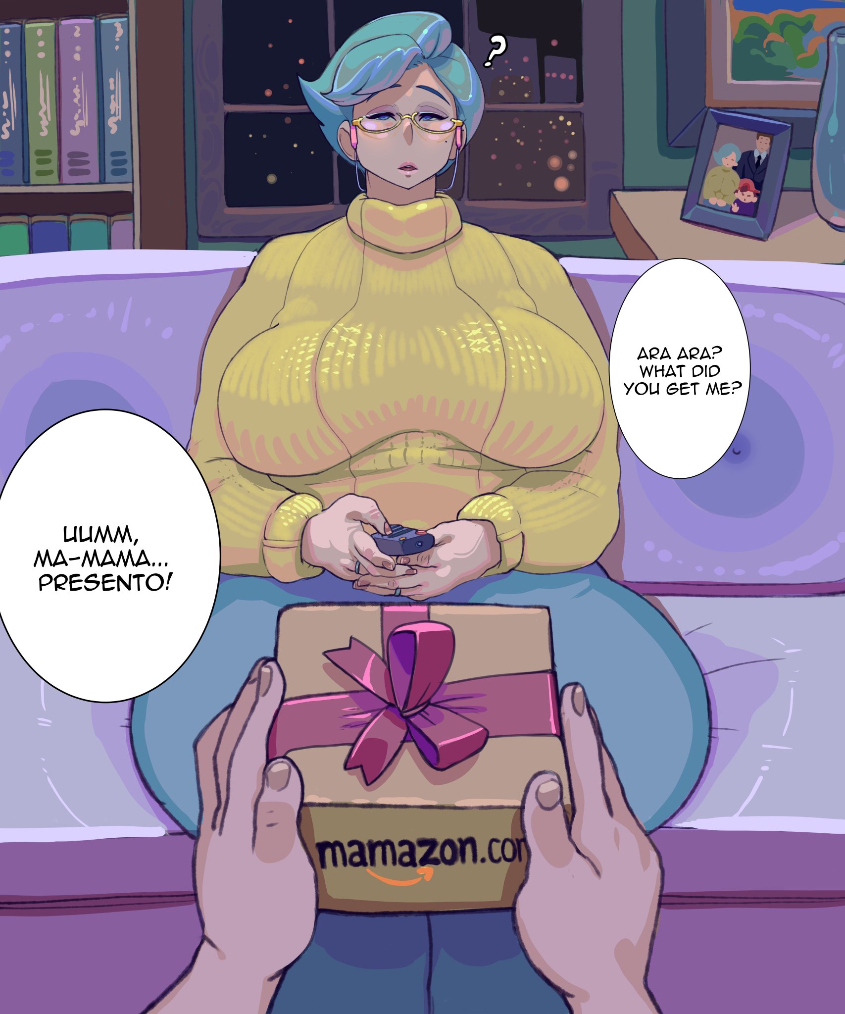 ara ara, bbw, big breasts, blue hair, breasts, clothed, crystalcheese, dialogue, female, female focus, gift, huge breasts, light skin, light-skinned female, mature, mature female, milf, mother, mother and son, mother's day, offscreen character, short hair, sofa, thick thighs, wide hips, wife