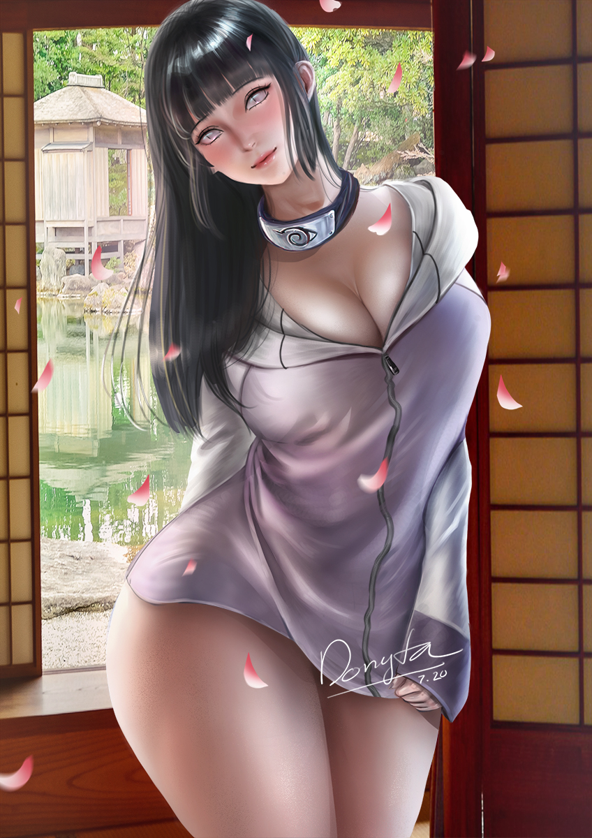 2020 big_breasts black_hair blush bottomless breasts cherry_blossoms cleavage detailed_background donyta female female_only forehead_protector hyuuga_hinata indoors jacket long_hair looking_at_viewer naruto naruto_shippuden smile thick_thighs unzipped violet_eyes wide_hips