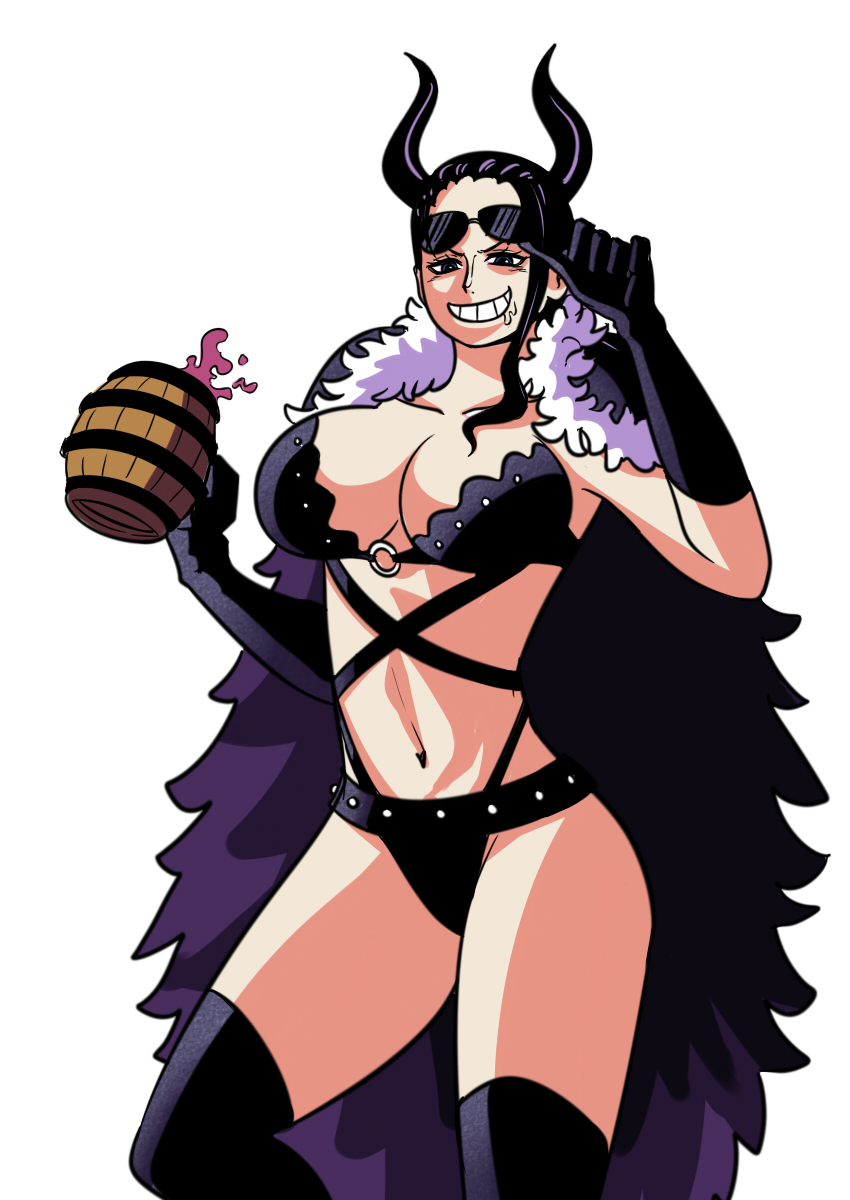 1girls beast_pirates beast_pirates_(cosplay) big_breasts bikini bikini_uniform black_eyes black_hair black_horns breasts dark_hair female female_only heels horns human human_only lifting_sunglasses long_hair looking_at_viewer nico_robin one_piece post-timeskip shounen_jump skirt smile smiling snake solo solo_female sunglasses tagme thick_thighs thighhighs tinafate1 white_background