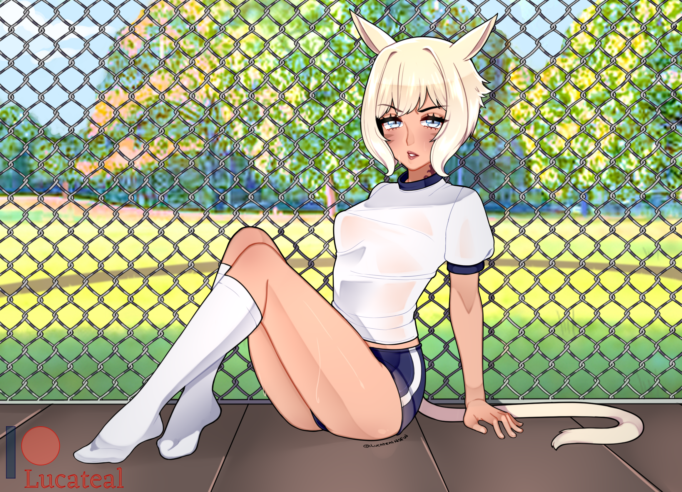 alternate version at source, alternate version available, cat ears, cat tail, female, final fantasy, final fantasy xiv, gym uniform, lucateal, miqo'te, patreon, schoolgirl, y'shtola
