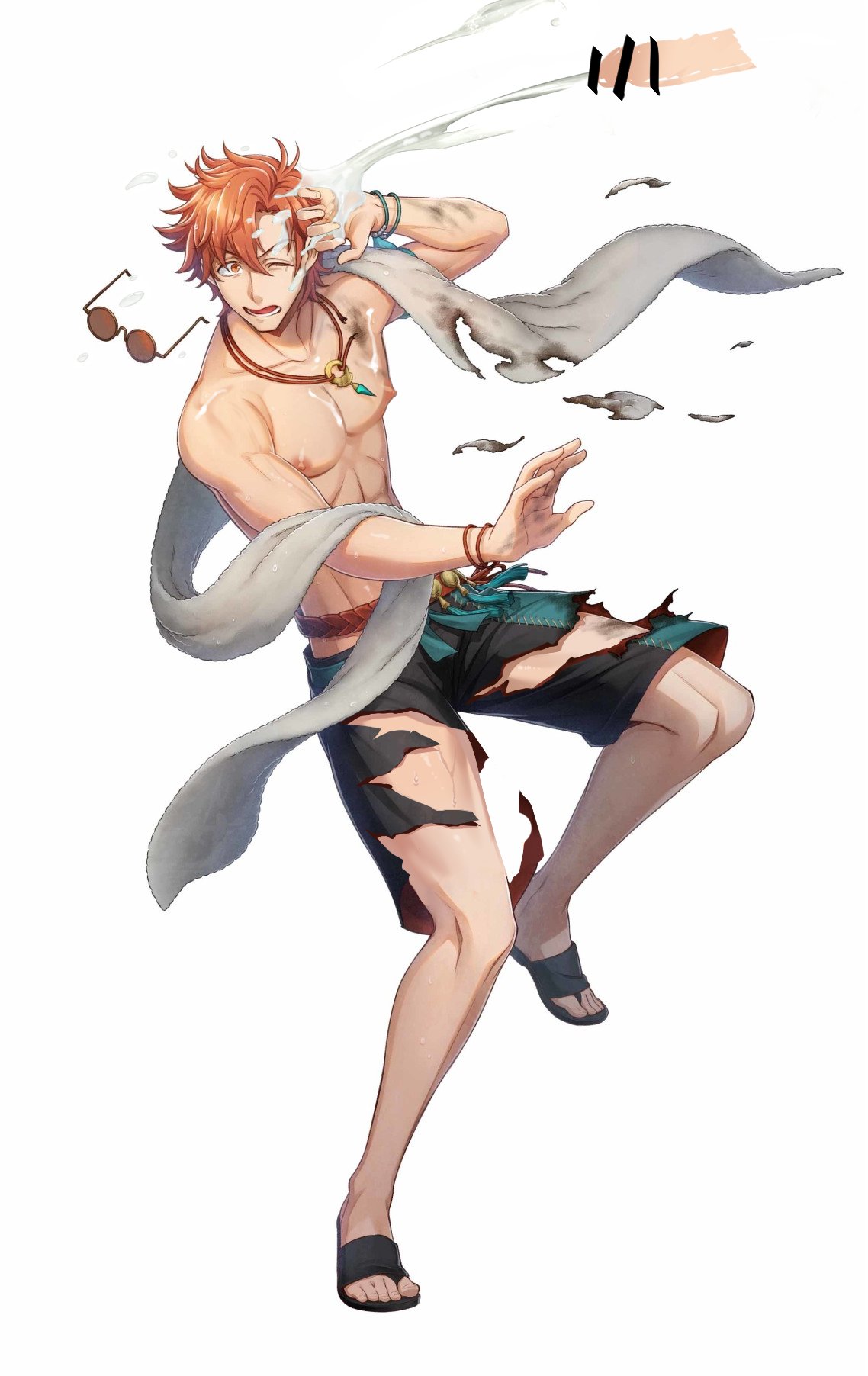 0vv0b 1boy bare_legs censored cum cum_on_body cum_on_hand cum_shot cum_splatter cum_string edit fire_emblem fire_emblem:_three_houses fire_emblem_heroes male_only muscles muscular muscular_male orange_eyes orange_hair ripped_clothing sandals swimsuit sylvain_jose_gautier sylvain_jose_gautier_(summer) torn_clothes