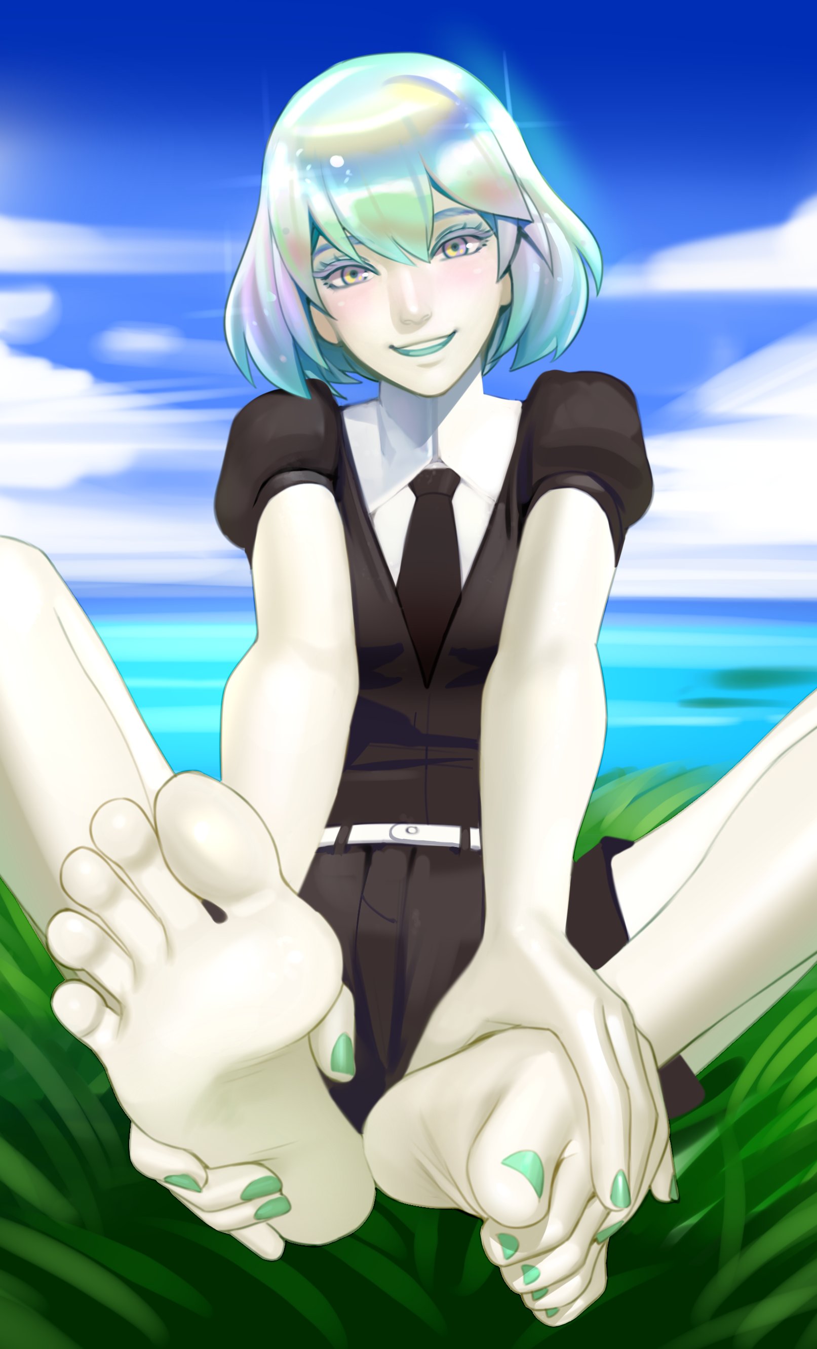 1girls, barefoot, close-up, diamond (land of the lustrous), feet, female, female only, foot focus, grass, greek toe, green toenails, kairuhentai, kairunoburogu, land of the lustrous, looking at viewer, nail polish, outdoors, pov feet, presenting, seductive, short hair, sitting, smile, soles, solo, toenail polish, toes
