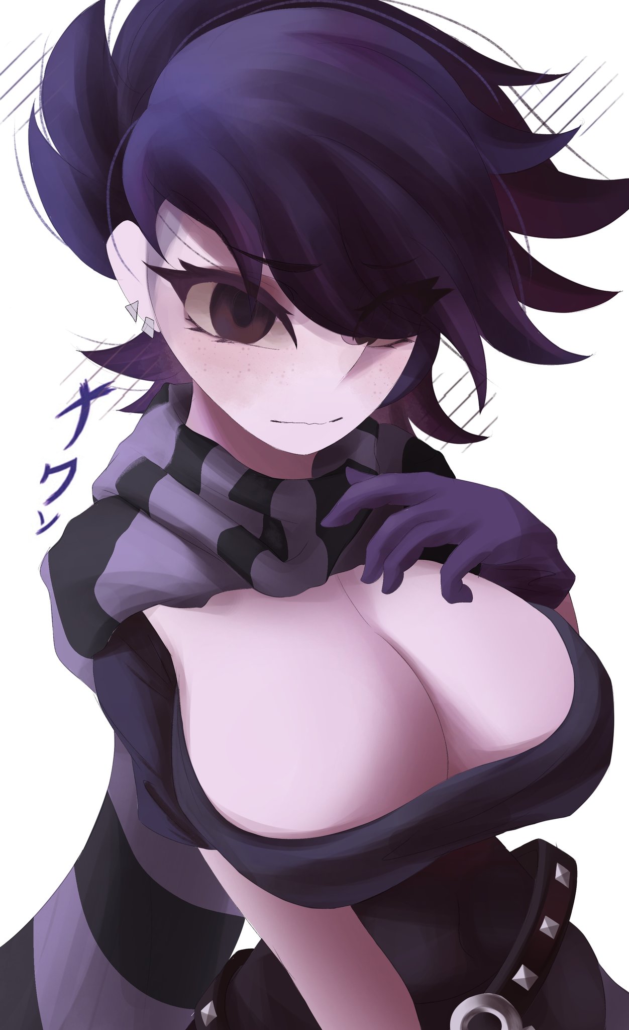 1girls, black hair, brawl stars, breasts, cleavage, ear piercing, edgar (brawl stars), female, gloves, large breasts, looking at viewer, naxless, piercing, rule 63, scarf, simple background, solo, solo female, solo focus, striped scarf, translation request, white background
