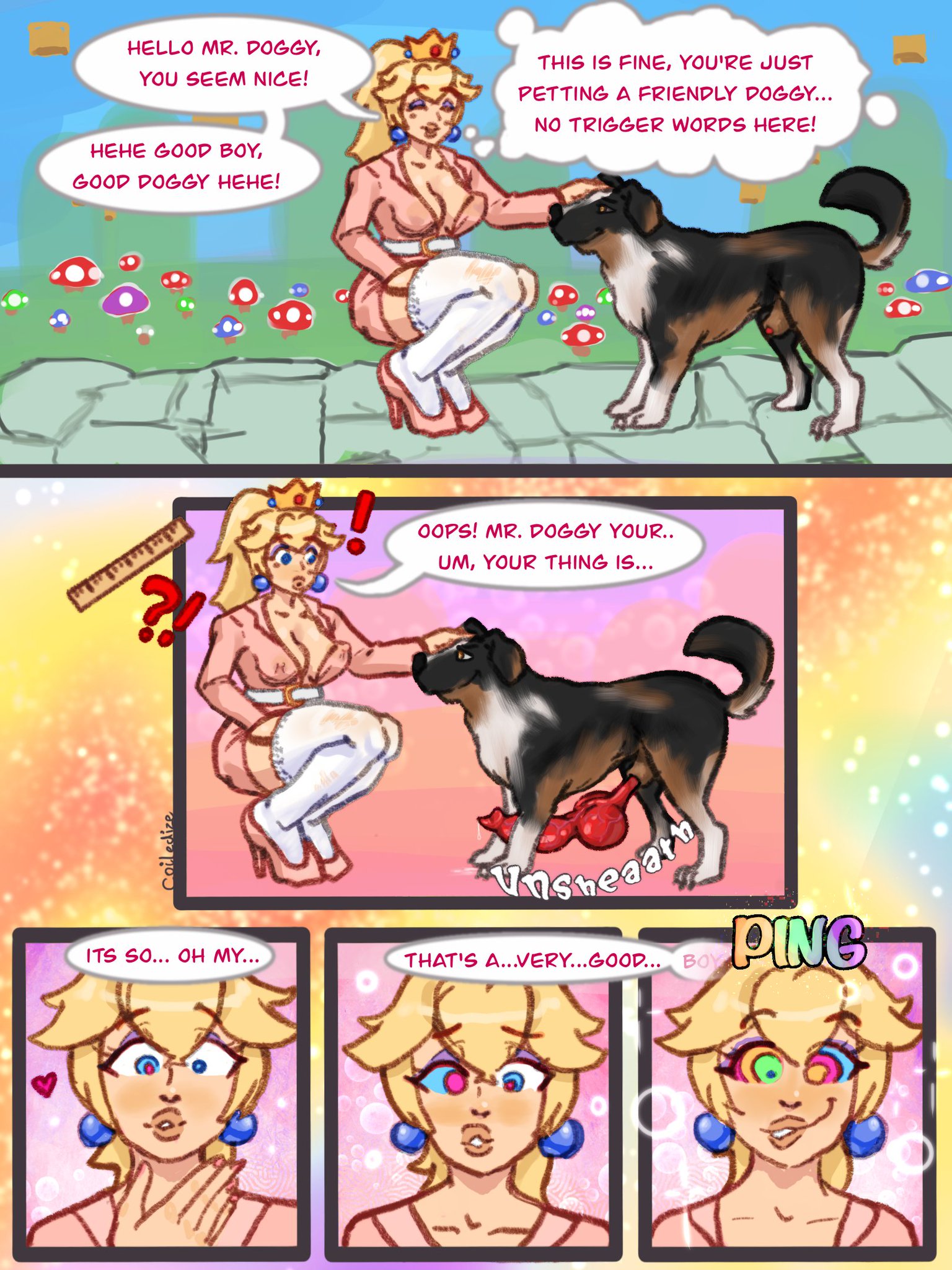 2d, blonde female, blonde hair, blush, canine, canine on human, canine penis, cleavage, clothing, coiledize, domestic dog, erect nipples, eyeliner, female, female human/male feral, female on feral, femsub, feral on female, feral on human, funny, heels, high heels, huge cock, human female, human on feral, humor, hypnosis, hypnotic eyes, imminent bestiality, imminent sex, implied bestiality, implied sex, jewelry, kneeling, knot, leggings, legwear, light skin, light-skinned female, makeup, male, mario (series), mascara, mind break, mind control, nintendo, nipples visible through clothing, penis, perky nipples, princess, princess peach, spiral eyes, submissive human, thighhighs, thighs, white woman, zoophilia