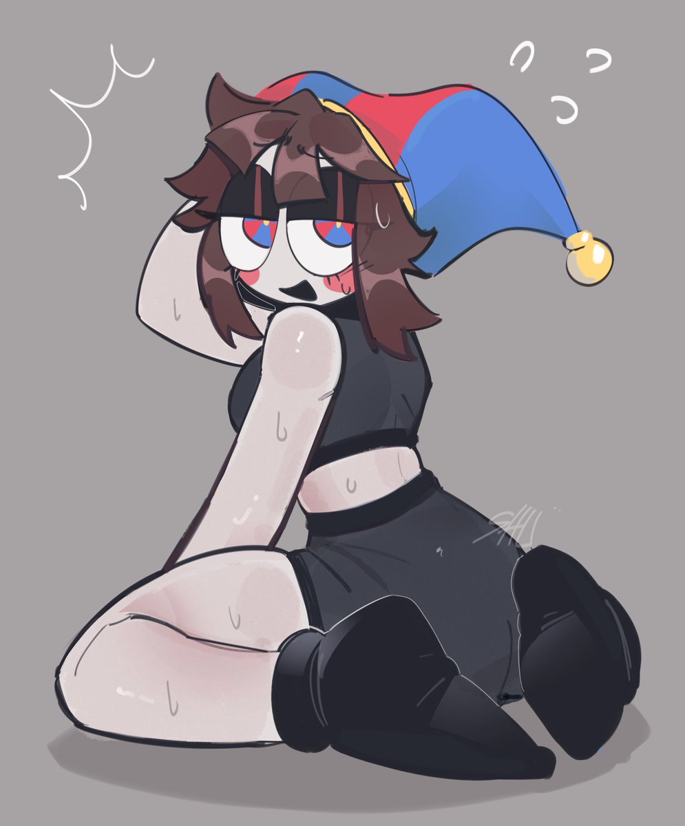 1girls, big breasts, breasts, brown hair, crop top, female, glitch productions, gooseworx, jester, jester girl, jester hat, pants, pomni, pomni (tadc), pomni (the amazing digital circus), shocked, shoes, simple background, sweat, sweating, tagme, the amazing digital circus, thick thighs