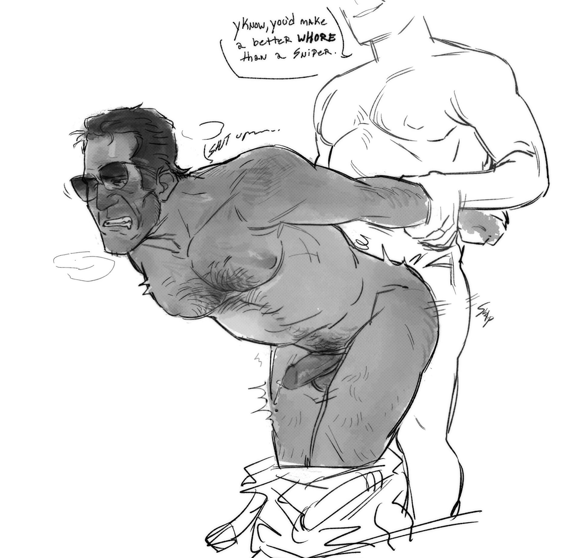 2boys, anal, anal sex, anonymous male, arms behind back, arms held back, blush, cock ring, degredation, domination, erect while penetrated, from behind, fucked from behind, gay, heavy breathing, human, human on human, humiliation, lukewarmflukes, male, male only, male/male, mammal, masochist, masochistic male, mature, mature male, mocking, pants around knees, pants around thighs, pants down, penis, precum, precum drip, restrained, rough sex, sniper (team fortress 2), submissive male, team fortress 2, teasing, thighs together, whining, yaoi