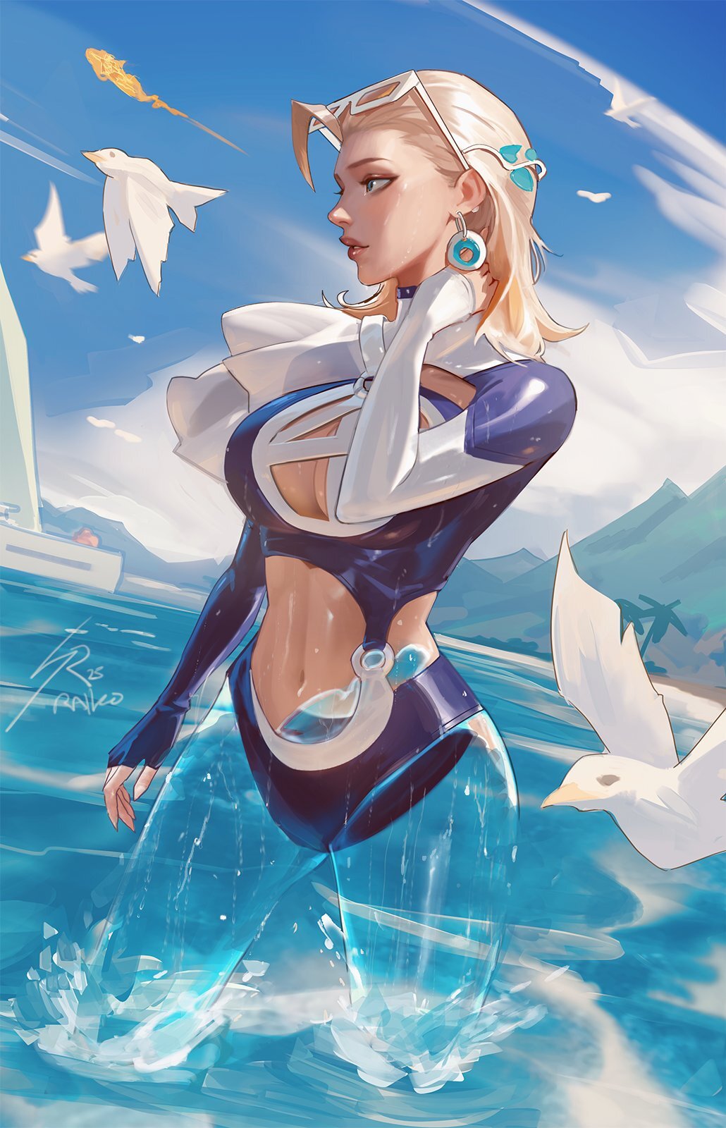 1girls, 2boys, ahoge, beach, ben grimm, bird, blonde hair, boat, breasts, cleavage, cleavage cutout, clothing cutout, earrings, eyewear on head, fantastic four, female, flying, highres, human torch, invisible woman, invisible woman (azure shade), invisible woman (marvel rivals), jewelry, johnny storm, looking to the side, male, marvel, marvel comics, marvel rivals, mountainous horizon, multiple boys, multiple males, partially invisible, raikoart, seagull, solo focus, sue storm, swimsuit, watercraft, white-framed eyewear