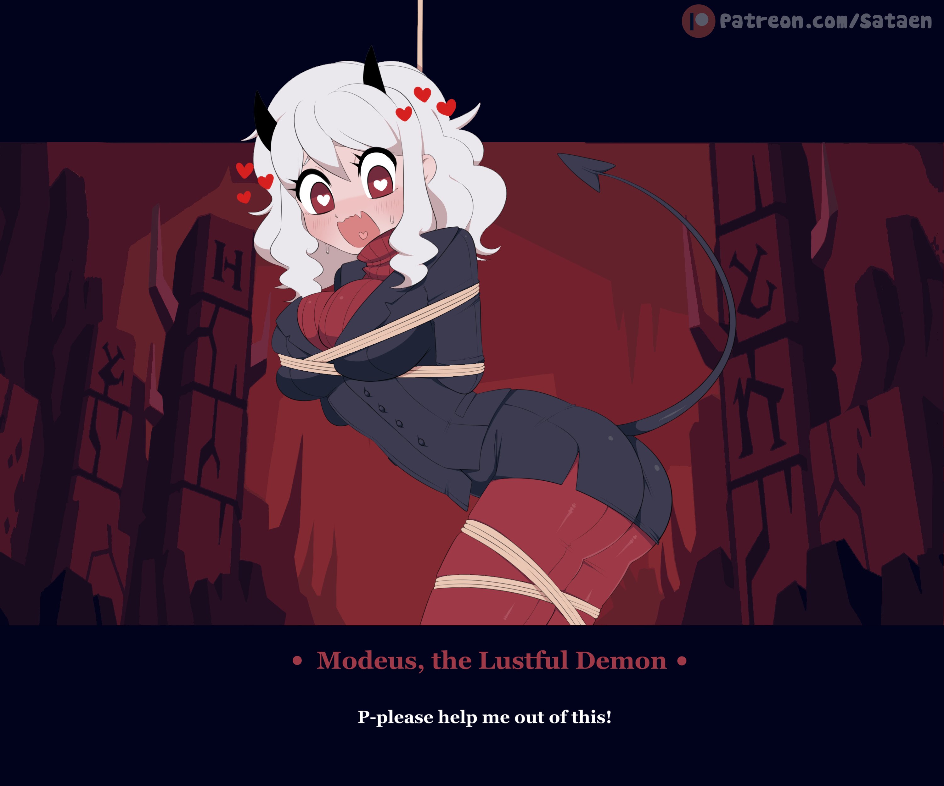 1girls, ass, blush, bondage, breasts, demon, demon girl, demon horns, demon tail, female, heart-shaped pupils, helltaker, horns, light skin, light-skinned female, modeus (helltaker), pale skin, pale-skinned female, patreon username, red eyes, sataenart, straight hair, tail, text, tied, tied up, tight pants, white hair