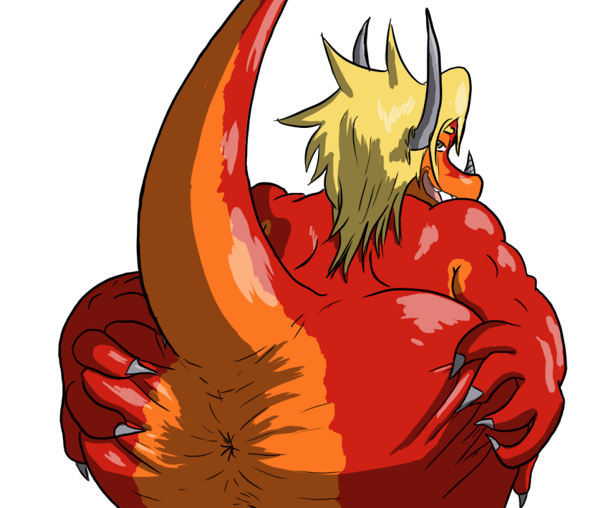 anthro anus ass big_ass big_butt bubble_butt butt_focus dragon drum_bunker_dragon future_card_buddyfight hair horn looking_at_viewer looking_back macro710 male male_only muscular muscular_anthro muscular_male nude presenting presenting_hindquarters rear_view red_body red_skin simple_background smile solo spread_butt spreading thatweirdguy white_background