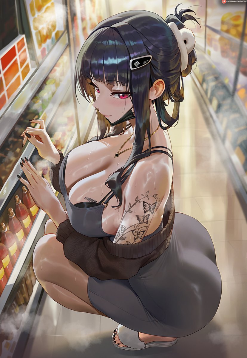 1girls, ai assisted, ai generated, ass, bare shoulders, black bra, black hair, black nails, blunt bangs, blush, bra, breasts, cleavage, d (killer wife) (nikke), d (nikke), dress, female, female only, full body, goddess of victory: nikke, grey dress, hair ornament, hairclip, jewelry, large breasts, long hair, looking at viewer, mask, mask pull, mouth mask, nail polish, necklace, nikke, off shoulder, patreon username, red eyes, sandals, shexyo, sidelocks, smile, solo, squatting, steam, sweat, sweater, tattoo, thighs, toenail polish, toenails, underwear