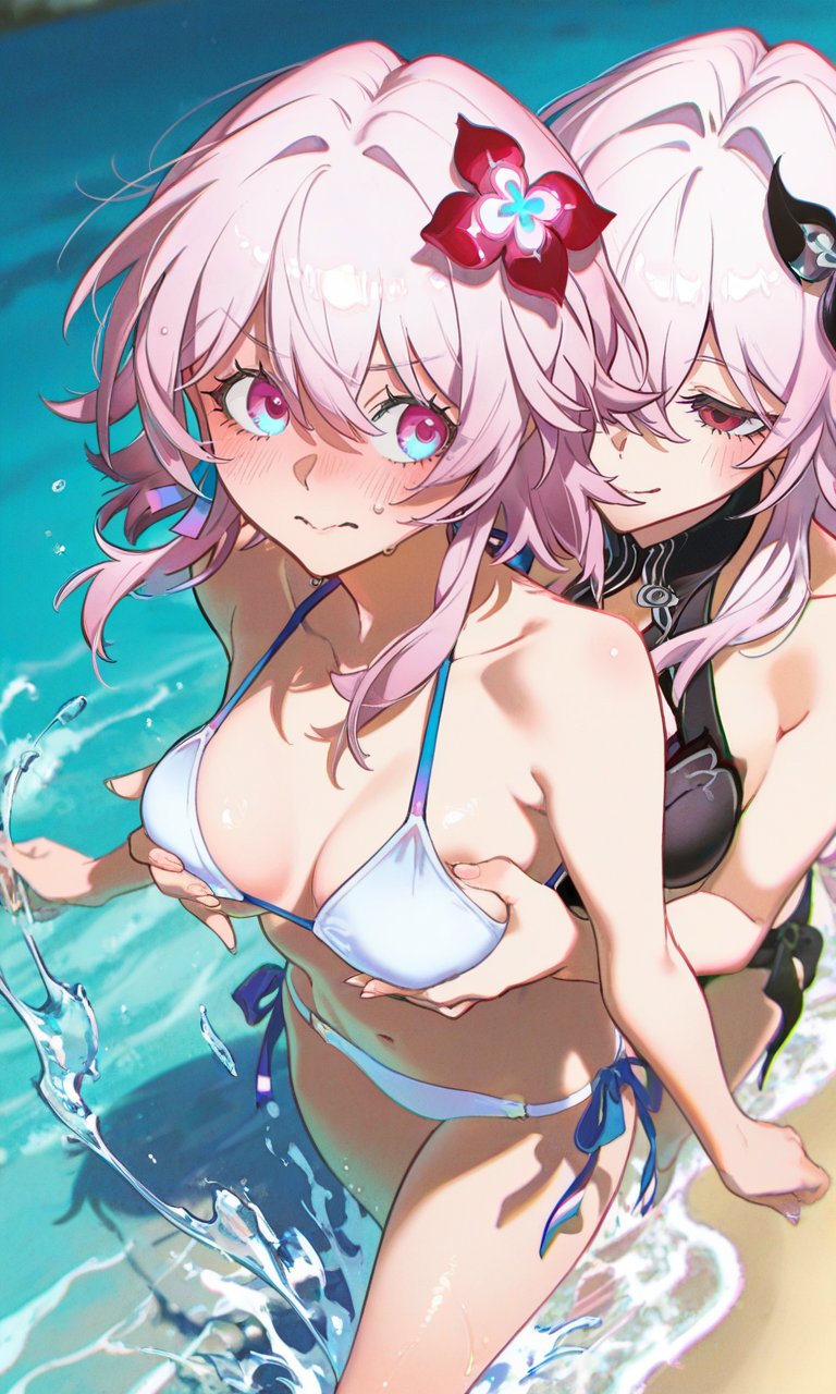 2girls, ai generated, beach, black swimsuit, blue eyes, breast squeeze, breasts, evernight (honkai: star rail), female, honkai: star rail, hoyoverse, long hair, march 7th (honkai: star rail), mihoyo, pink hair, red eyes, selfcest, swimsuit, water, white swimsuit