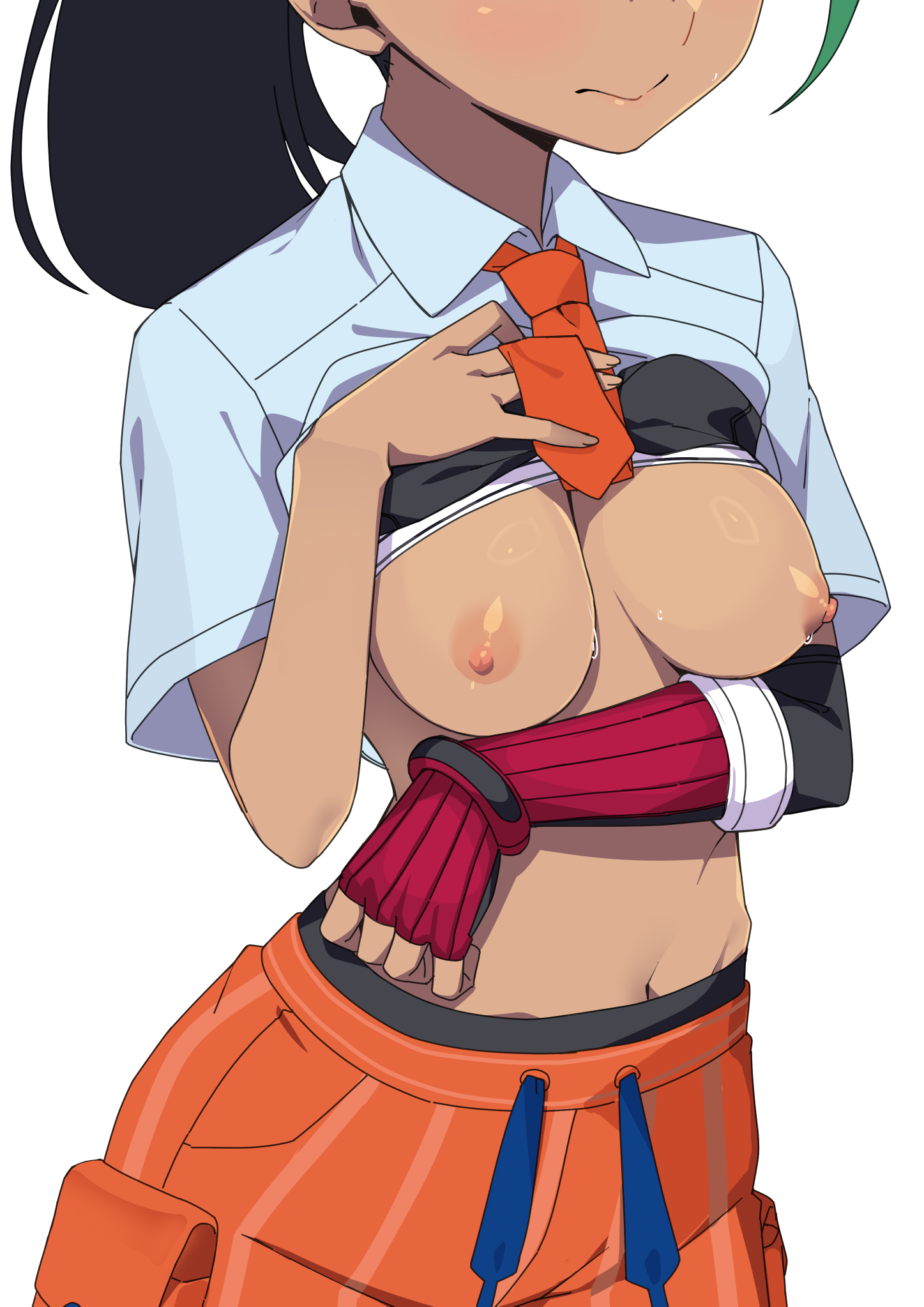 1girls, black bra, black hair, blue shirt, bra, bra lift, breasts, closed mouth, clothes lift, dark skin, dark-skinned female, embarrassed, female, female only, fingerless gloves, game freak, gloves, green hair, head out of frame, highres, medium breasts, morisobo, multicolored hair, navel, necktie, nemona (pokemon), nintendo, nipples, pokemon, pokemon sv, red gloves, shirt, shirt lift, short sleeves, simple background, single glove, solo, teenage breasts, teenage female, teenager, two-tone hair, underwear, white background