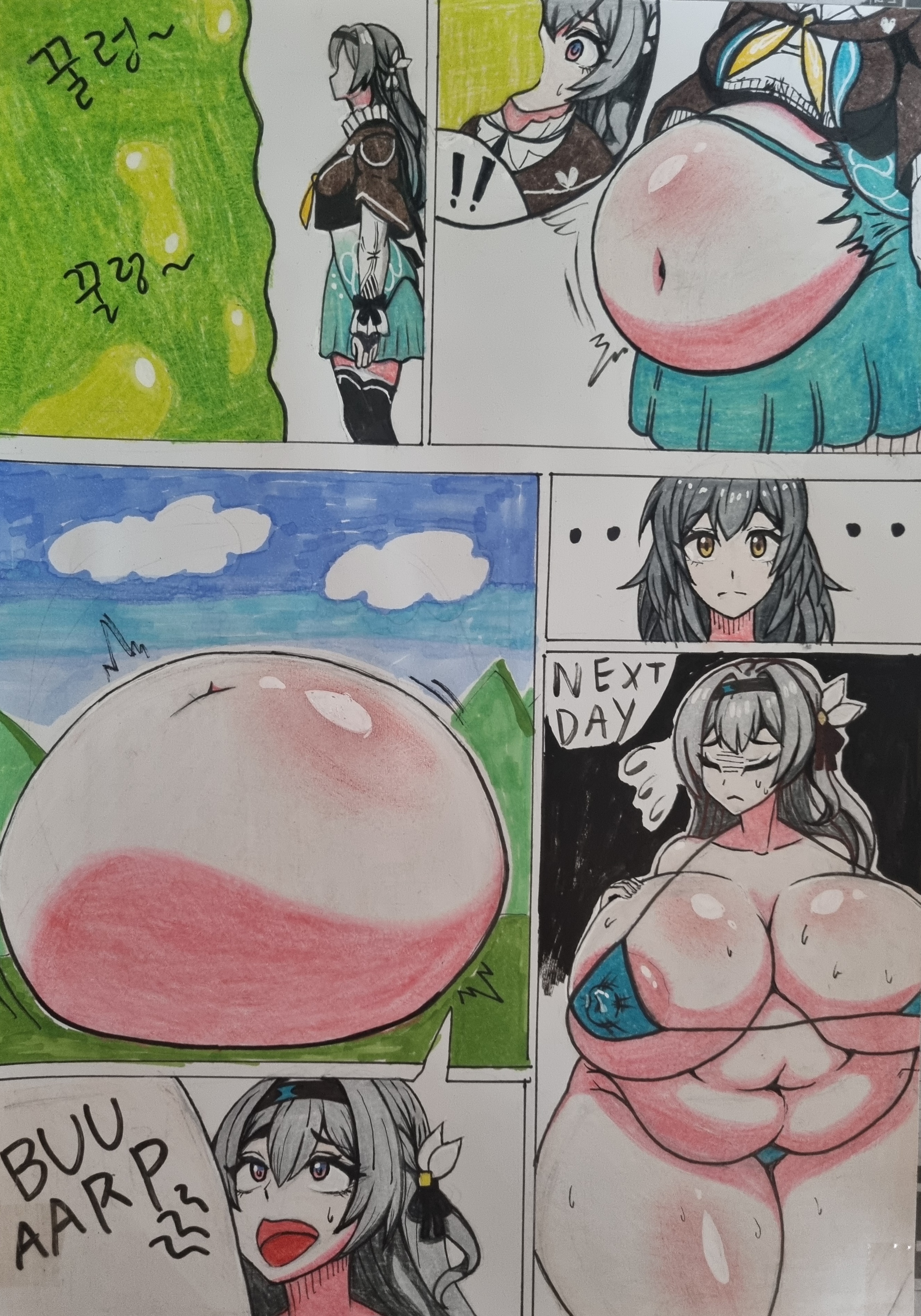 belch, belching, belly, belly expansion, belly inflation, big belly, bikini, breast expansion, breasts, burp, burp fetish, burping, female, firefly (honkai: star rail), honkai: star rail, huge breasts, hyper muscles, meat wall (body type), muscles, slime, thegreatday (artist)