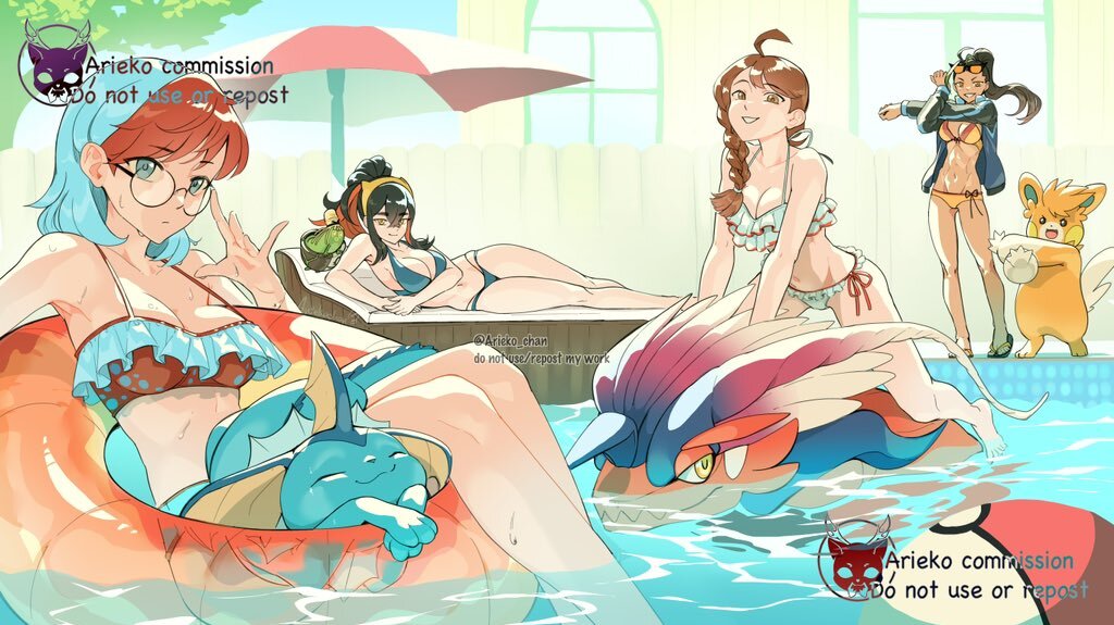4girls, abs, ahoge, alternate hairstyle, ariekochan, beach umbrella, bikini, black hair, blue eyes, blue hair, braid, breasts, brown hair, carmine (pokemon), cleavage, closed mouth, commission, dark skin, dark-skinned female, eyewear on head, female, female only, feral, game freak, gen 1 pokemon, glasses, hairband, innertube, jacket, juliana (pokemon), koraidon, large breasts, looking at viewer, medium breasts, multicolored hair, multiple females, multiple girls, navel, nemona (pokemon), nintendo, on innertube, open clothes, open jacket, pawmot, penny (pokemon), pokemon, pokemon (creature), pokemon sv, ponytail, pool, red hair, single braid, sinistcha, smile, swim ring, swimsuit, twitter username, two-tone hair, umbrella, vaporeon, wet, yellow eyes, yellow hairband