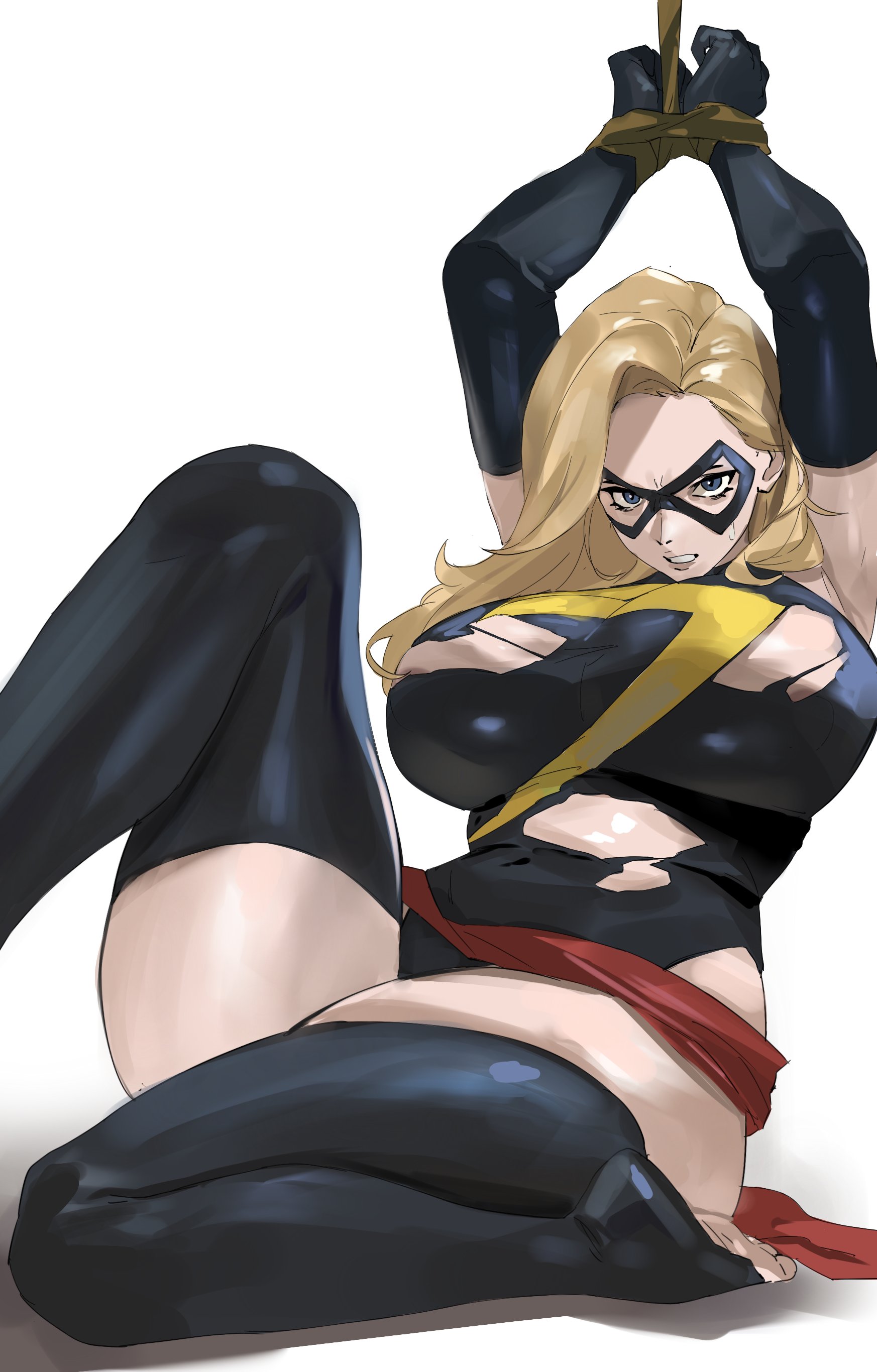 1girls, arms bound, arms tied, arms tied above head, big breasts, blonde hair, blue eyes, bondage, breasts, busty, domino mask, female, female only, huge breasts, large breasts, marvel, marvel comics, ms. marvel, ms. marvel (carol danvers), solo, superheroine, tagme, taiyang yu, thigh boots, torn clothing