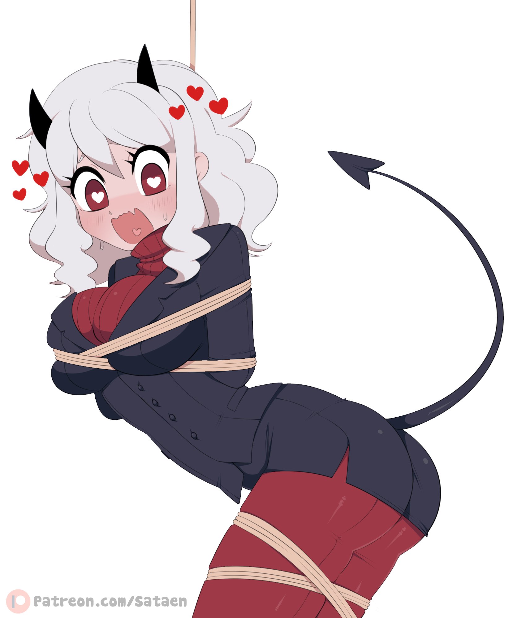 1girls, ass, bondage, demon, demon girl, demon horns, demon tail, female, heart-shaped pupils, helltaker, horns, light skin, light-skinned female, modeus (helltaker), pale skin, pale-skinned female, red eyes, sataenart, straight hair, tail, tied, tied up, tight pants, white background, white hair