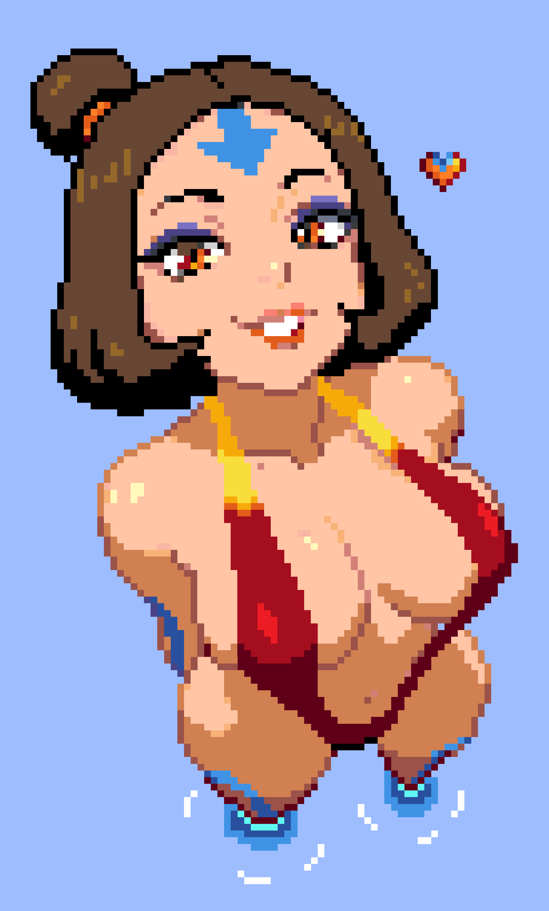 1girls, aged up, air nomad, airbender tattoo, alternate breast size, asian female, avatar legends, avatar the last airbender, big breasts, breasts, cleavage, female, hair bun, hair knot, hand behind back, jinora, looking at viewer, makeup, multicolored swimsuit, pixel art, sling bikini, slingshot bikii, slingshot swimsuit, smile, solo, spitfire (artist), tattoos, the legend of korra, water, wet, wplace