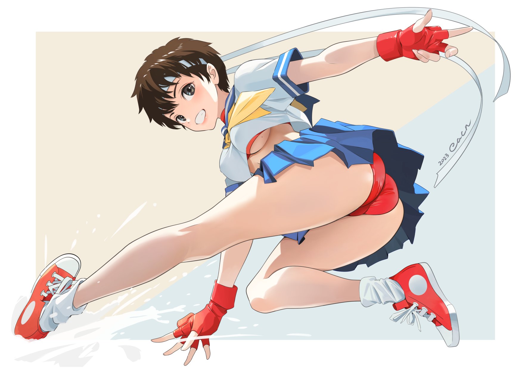 1girls, brown eyes, brown hair, cacn, dnymtho, female, kicking, panties, pantyshot, pantyshot (squatting), red panties, red underwear, sakura kasugano, school uniform, schoolgirl, seifuku, short hair, street fighter, street fighter alpha, street fighter v, underwear, upskirt