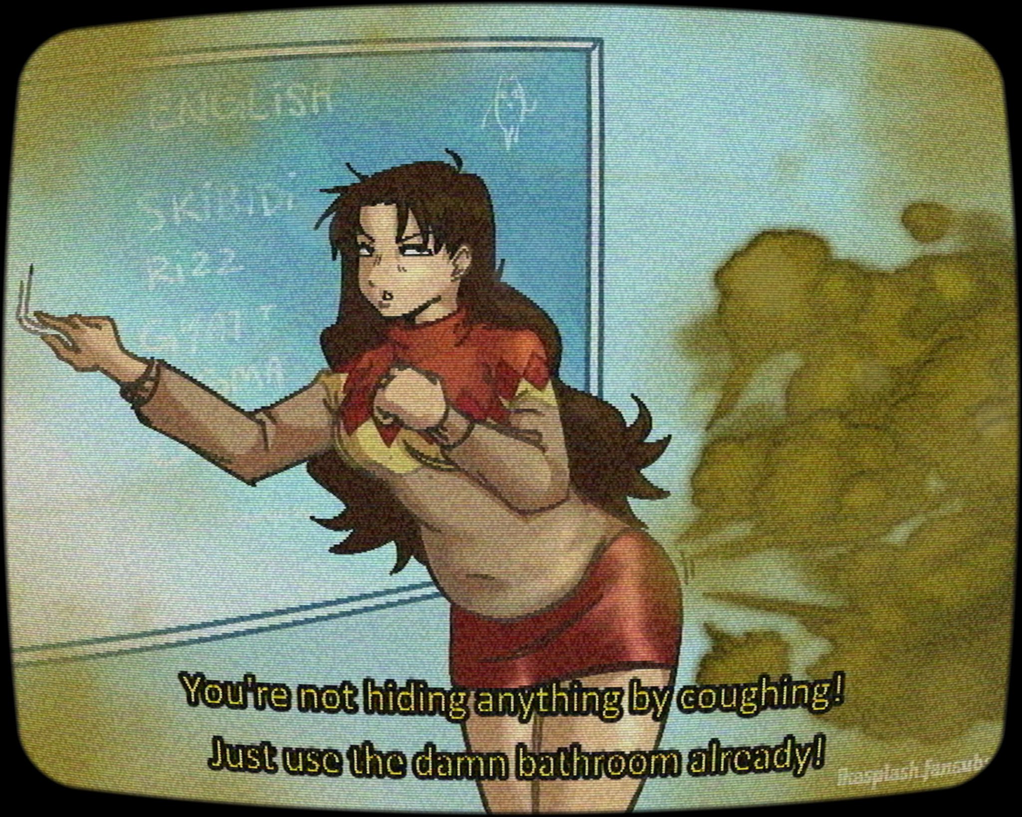 alternate version available, azumanga daiou, brown hair, embarrassed, fart, fart fetish, female, ika splash, ikasplash, school, tagme, teacher, vhs filter, yukari tanizaki