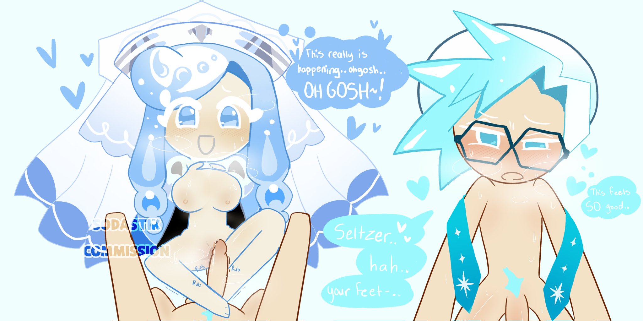 1boy, 1girls, cookie run, cookie run kingdom, dialogue, female, footjob, glasses, male, menthol cookie, naked hat, nude, seltzer cookie, sodastik, straight, watermark