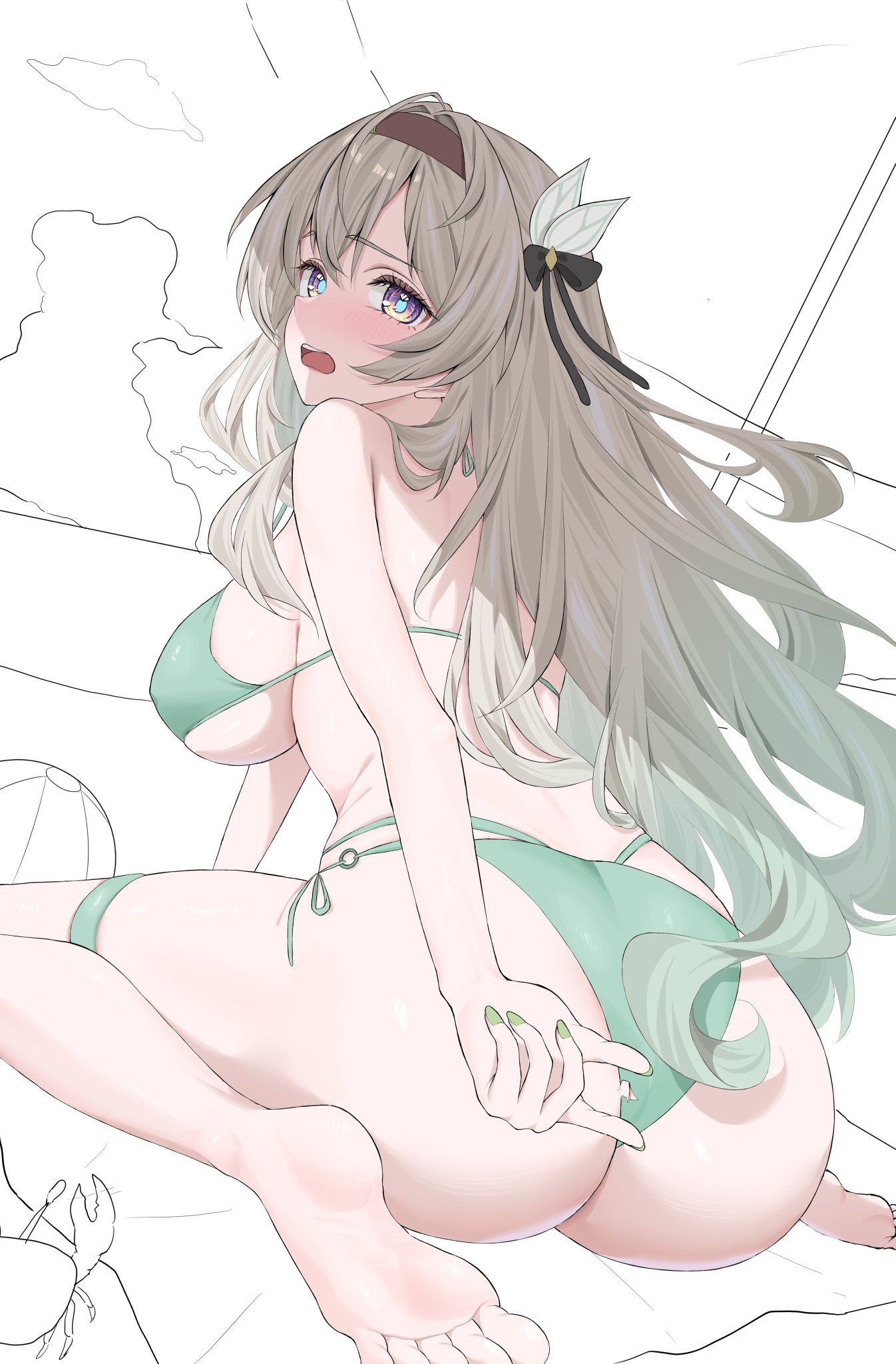 1girls, akatanaer, ass, ass focus, breasts, female, firefly (honkai: star rail), green lingerie, honkai: star rail, hoyoverse, lingerie, long hair, mihoyo, multicolored eyes, multicolored hair, sideboob