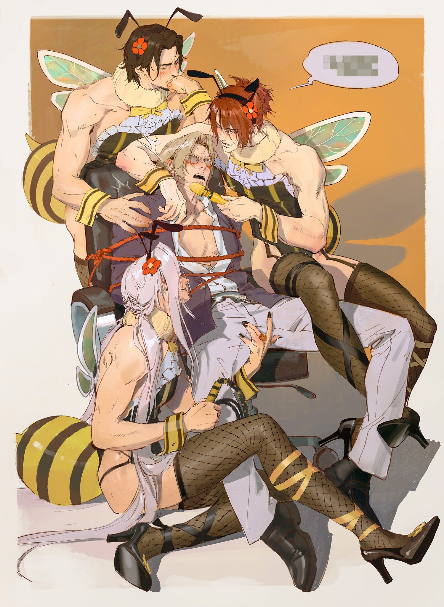 4boys, angeal hewley, bee costume, black hair, blush, clothed, color, crisis core final fantasy vii, crossdressing, cuffs, final fantasy, final fantasy vii, fishnet legwear, fishnets, foursome, gay, genesis rhapsodos, glasses, hair ornament, hand on thigh, heels, honey bee inn, insect wings, lazard deusericus, long hair, male, male only, male/male, male/male/male/male, muscular, muscular male, red hair, restrained, revealing clothes, sephiroth, sex toy, short hair, speech bubble, square enix, tagme, terribleaunt, thighs, tied up, vibrator, whip, white hair