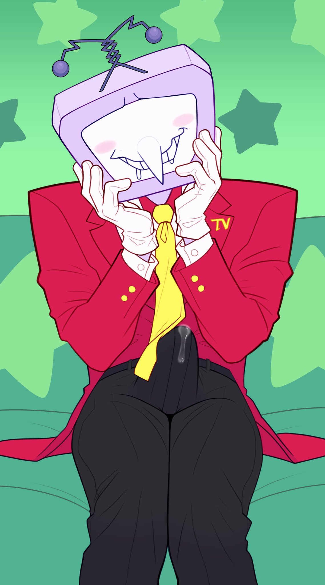antennae (anatomy), boner, cum, cum through clothes, deltarune, deltarune chapter 3, drooling, erection under clothes, leaking precum, looking at viewer, loulouvz, male, male focus, male only, redeyedgazer, solo, solo focus, solo male, tenna (deltarune), tv head