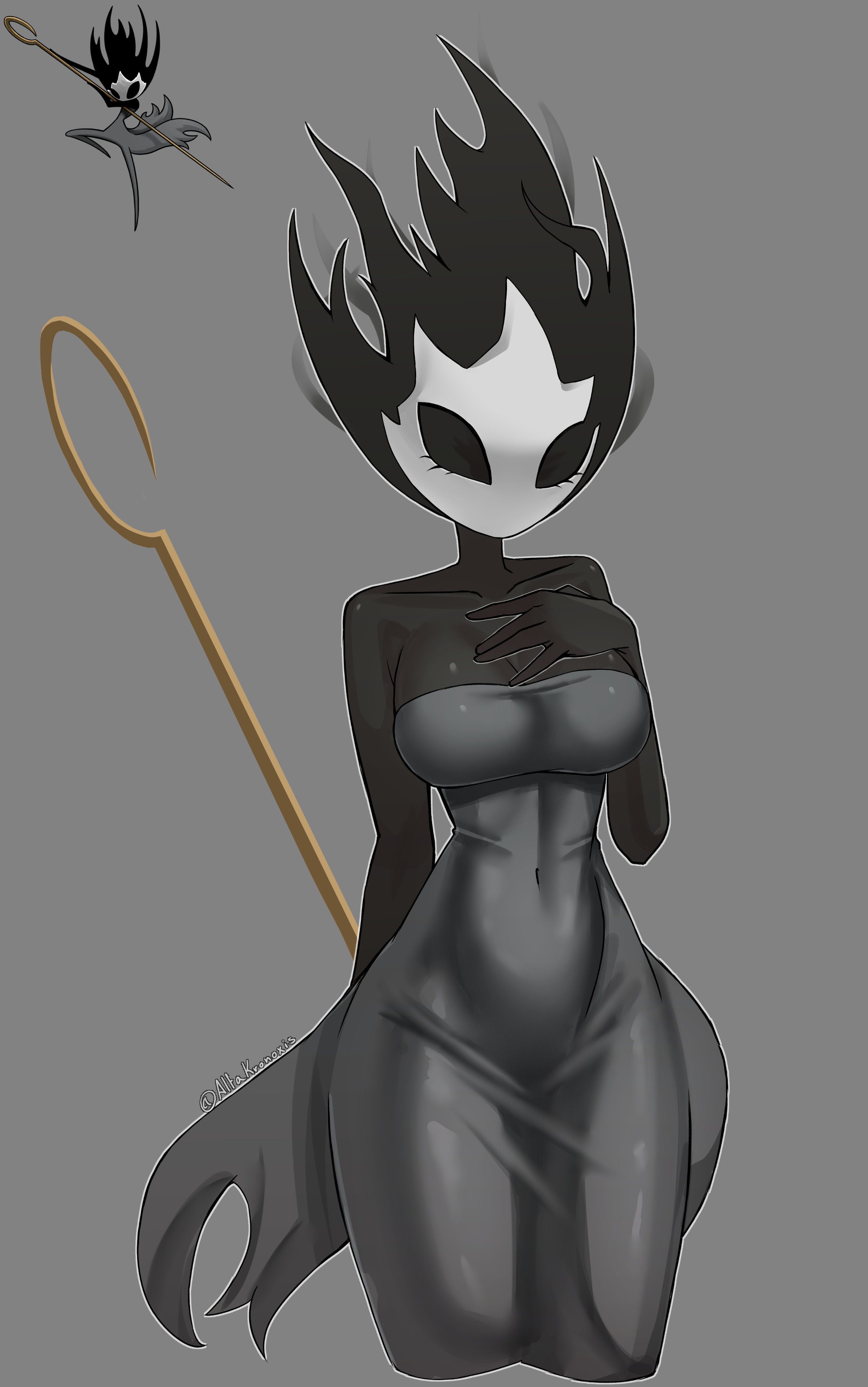 1girls, 2025, alfa kronoxis, big breasts, black body, black skin, breasts, dress, female, grey clothing, hand on breast, hi res, hollow knight, hollow knight: silksong, mask, masked, masked female, phantom (hollow knight), see-through, see-through clothing, silk, silksong, standing, thick thighs, thighs