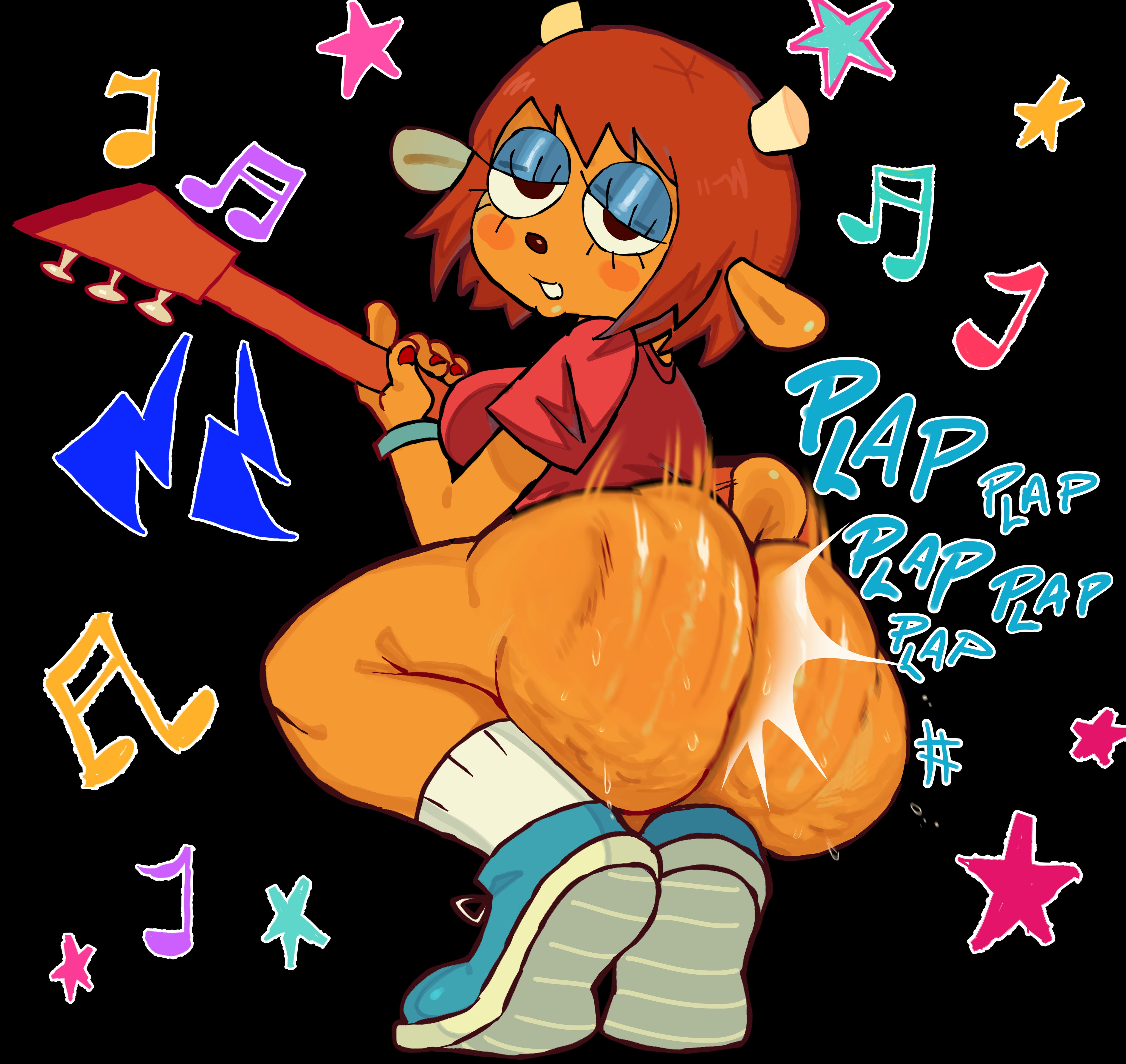 1girls, artist request, ass, ass clapping, ass focus, big ass, big breasts, bottomless, breasts, clapping cheeks, clothing, female, female focus, female only, footwear, guitar, lammy lamb, looking at viewer, looking back, no pants, no underwear, onomatopoeia, parappa the rapper, partially clothed, plap, sneakers, sneakers without bottomwear, source request, tagme, tail, twerking, um jammer lammy, wristband, wristwear