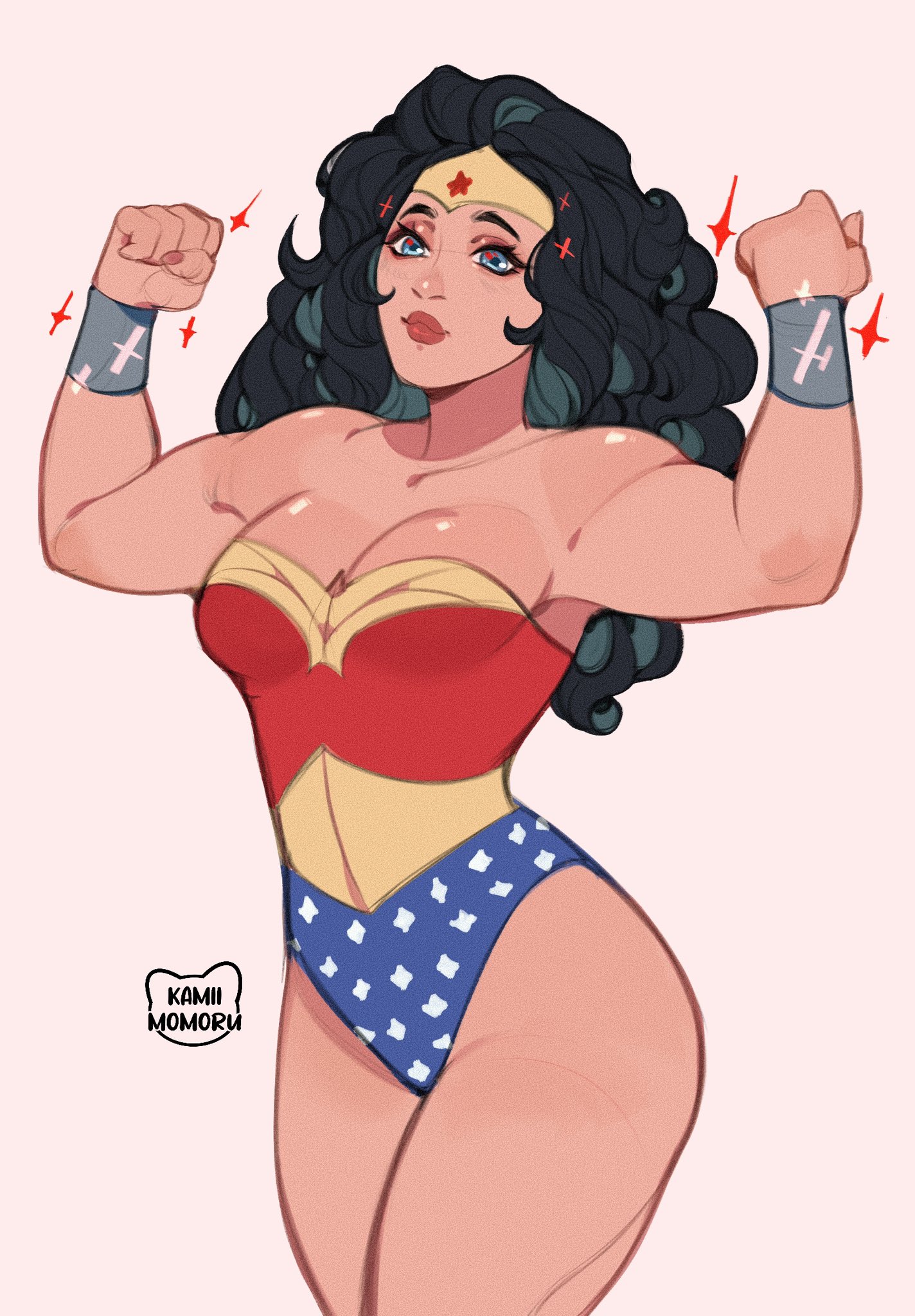 1girls, amazon, artist signature, athletic, athletic female, biceps, big breasts, big hair, black hair, blue eyes, bracelet, bracelets, breasts, brown hair, curly hair, curvaceous, curvy, curvy body, curvy female, curvy figure, dc, dc comics, diana of themyscira, digital media (artwork), eyebrows, eyelashes, eyeshadow, female, female only, fit, fit female, fully clothed, highleg, highleg leotard, hourglass figure, kamii momoru, leotard, light skin, light-skinned female, long black hair, long hair, looking at viewer, muscles, muscular, muscular arms, muscular female, muscular legs, muscular thighs, narrow waist, red lipstick, smile, smiling, solo, solo female, strong, strong female, superhero, superhero costume, superheroine, tagme, thick legs, thick lips, thick thighs, thighs, tiara, toned, toned female, voluptuous, waist, wavy hair, wide hips, wonder woman, wonder woman (series), wristwear