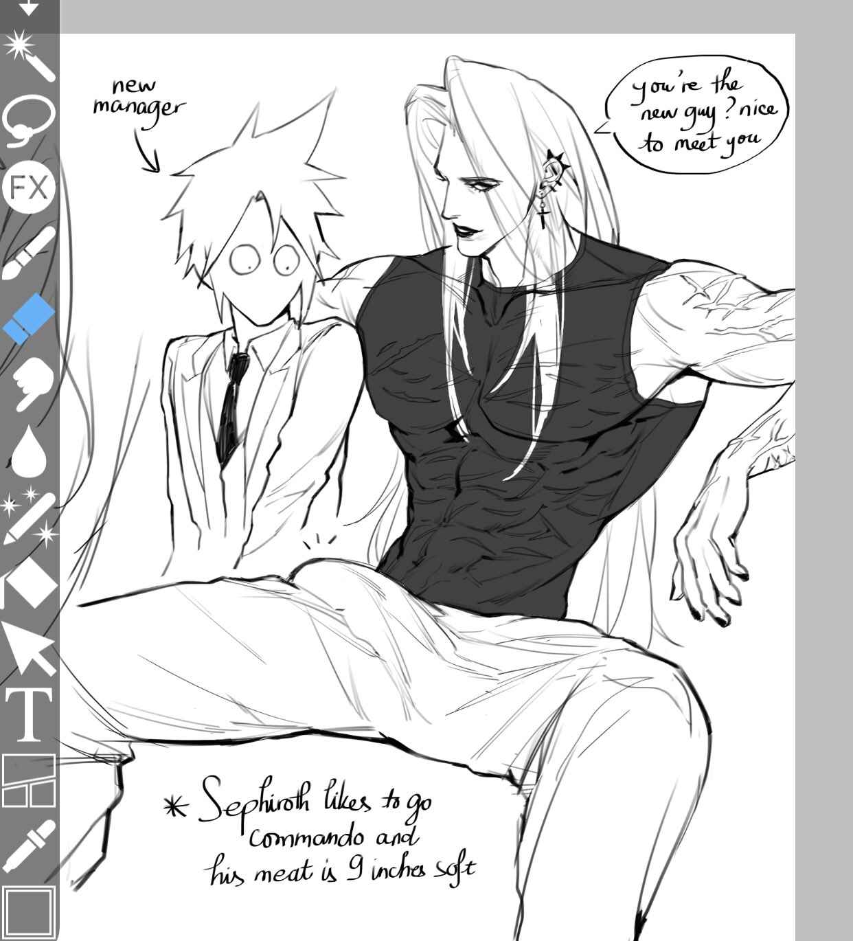 2boys, art program in frame, black nails, bulge, bulge through clothing, clothed, cloud strife, commando, ear piercing, earrings, english text, final fantasy, final fantasy vii, goth, goth boy, height difference, long hair, male, male only, mochi mint07, muscular, muscular male, no sex, painted nails, penis, penis awe, penis bulge, scars, scars all over, self harm scars, sephiroth, size difference, small waist, speech bubble, spiky hair, spread legs, square enix, tagme, text, uncolored
