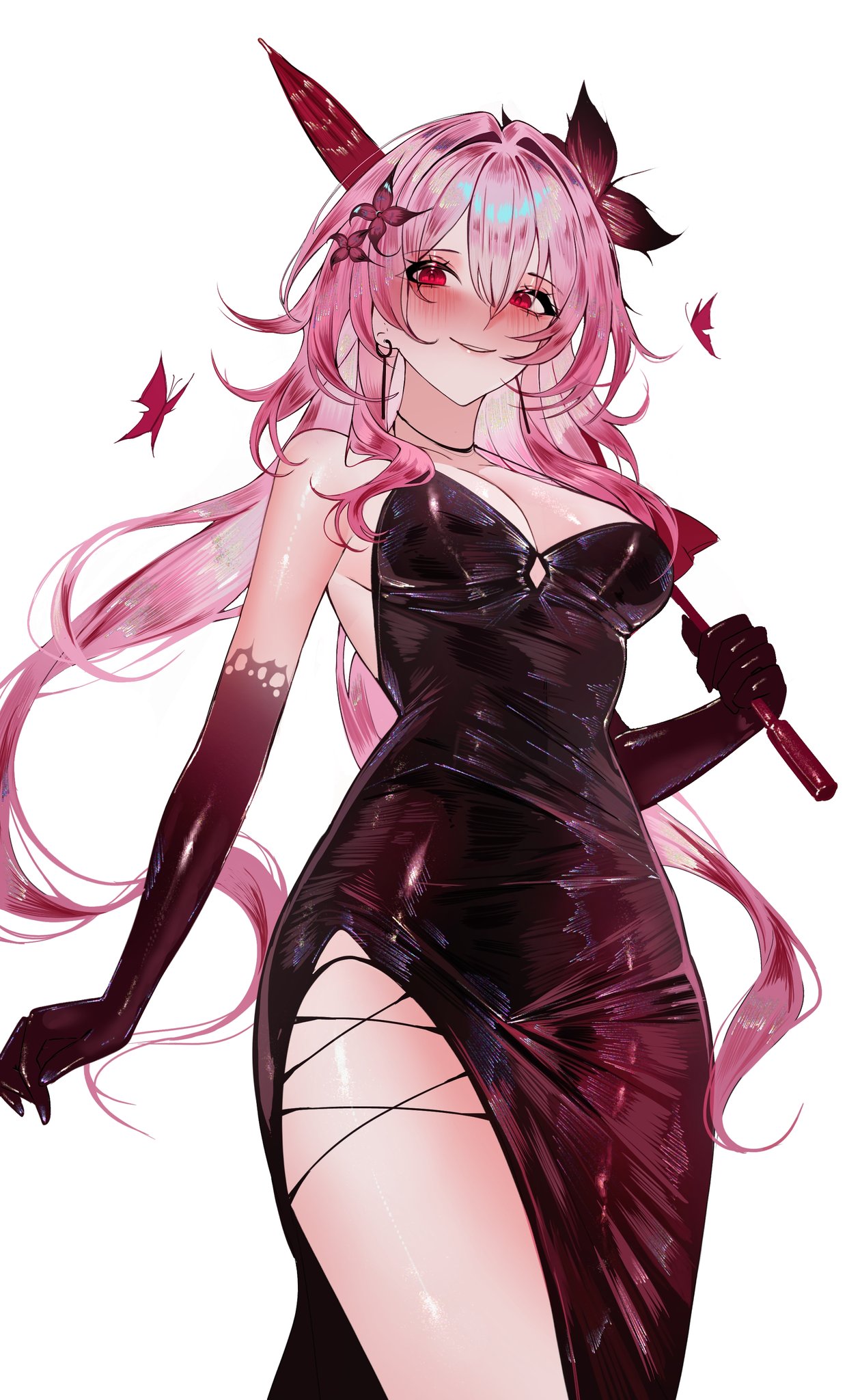 1girls, black dress, breasts, dress, evernight (honkai: star rail), female, honkai: star rail, hoyoverse, legs, long hair, march 7th (honkai: star rail), mihoyo, pink hair, red eyes, sanya lox228