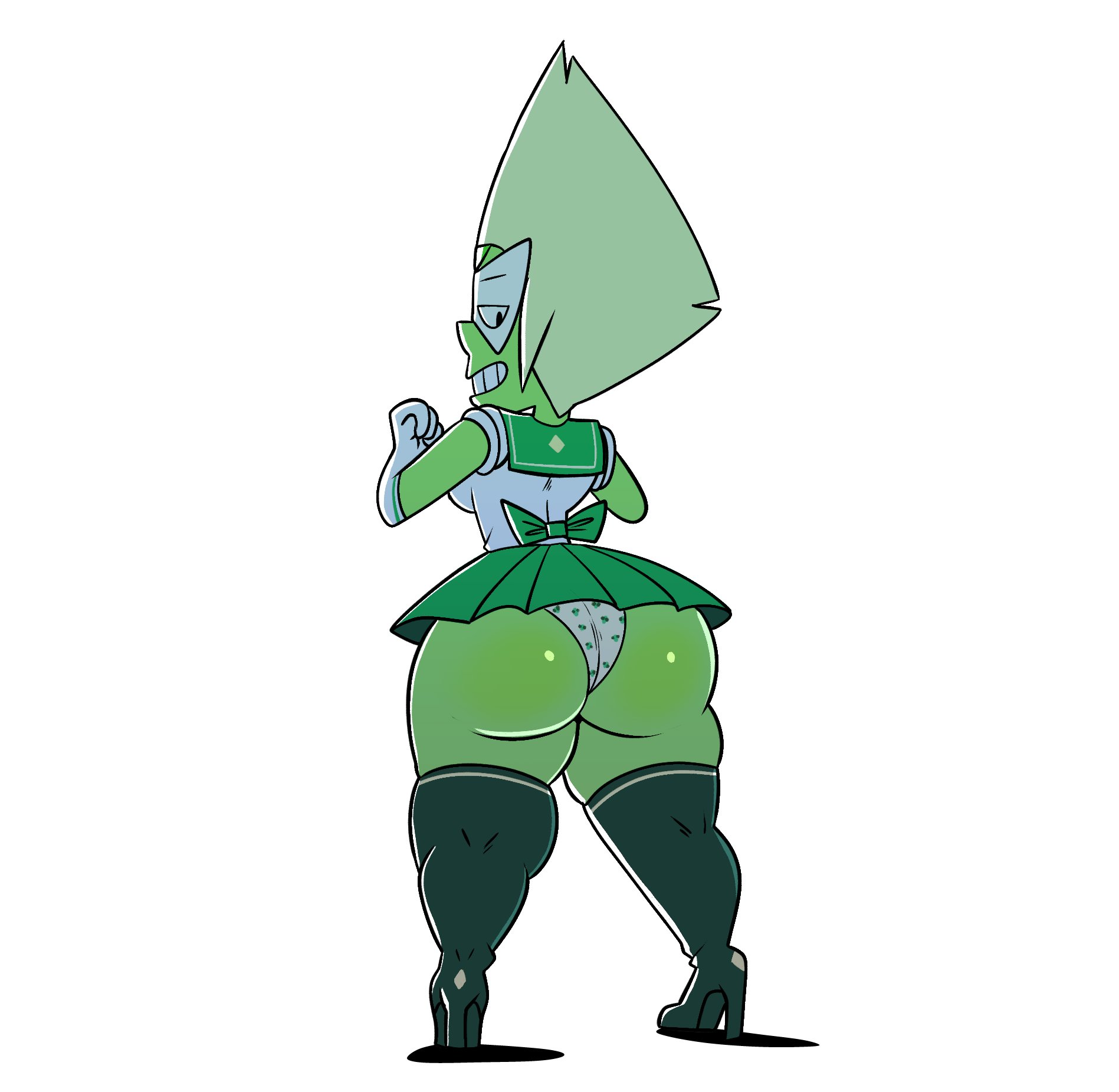 alien, alternate ass size, ass, bishoujo senshi sailor moon, clothing, cosplay, costume, female, female only, gem (species), green skin, high heels, huge ass, panties, peridot (steven universe), sailor collar, sailor moon (cosplay), school uniform, schoolgirl, short skirt, shortstack, skirt, solo, steven universe, sweetdandy, thick thighs, thighhighs, upskirt, wide hips
