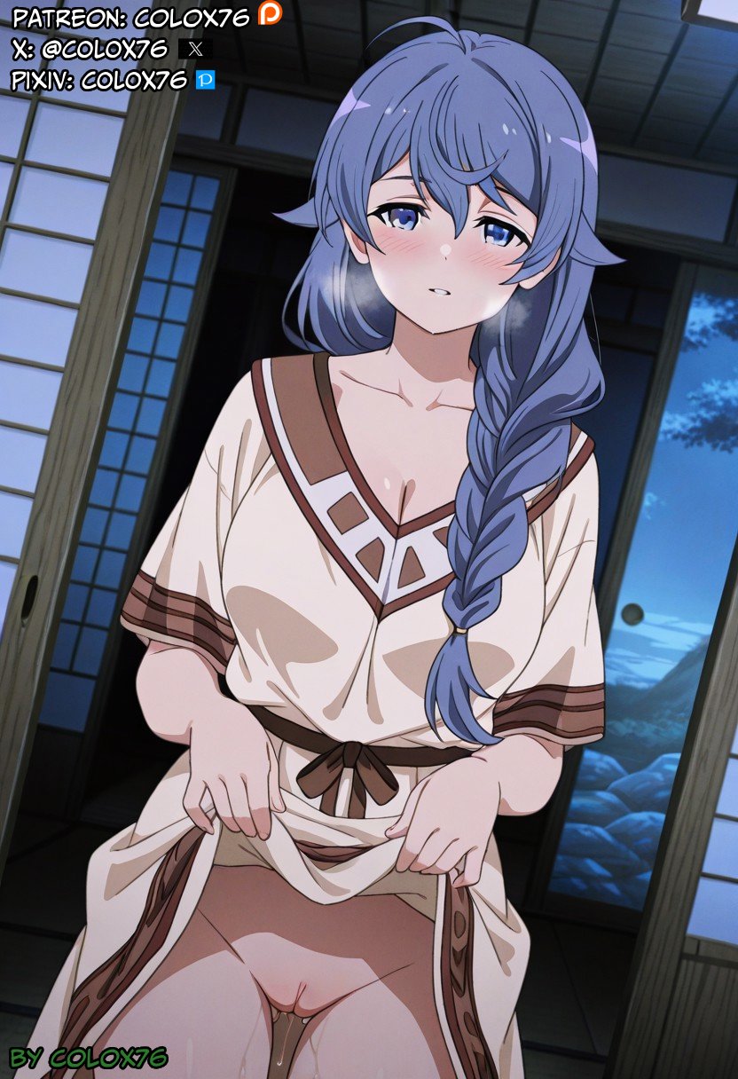 ai generated, blue eyes, blue hair, blush, braid, colox76, female, looking at viewer, mushoku tensei, mushoku tensei: isekai ittara honki dasu, night, pussy, pussy juice, rokari migurdia, showing pussy, thigh gap, uncensored, undressing