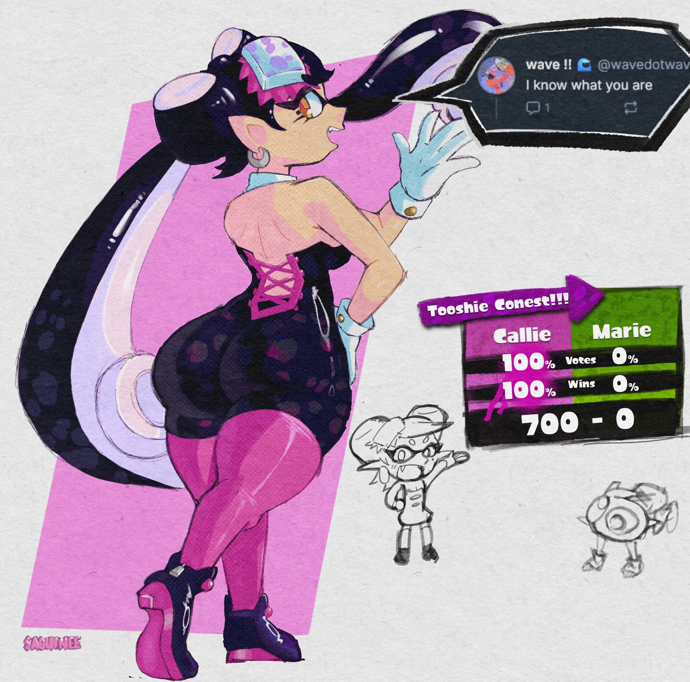 2girls, ass, ass focus, ass in dress, back, backless dress, backless outfit, bare back, bare shoulders, big ass, big butt, black clothing, black hair, breasts, bubble ass, bubble butt, callie (splatoon), dress, female, hand on hip, large ass, long hair, marie (splatoon), mole, mole under eye, nintendo, pantyhose, saguinee, sideboob, splatfest, splatoon, splatoon (series), squid sisters, tentacle hair, thick ass, thick thighs, thighs