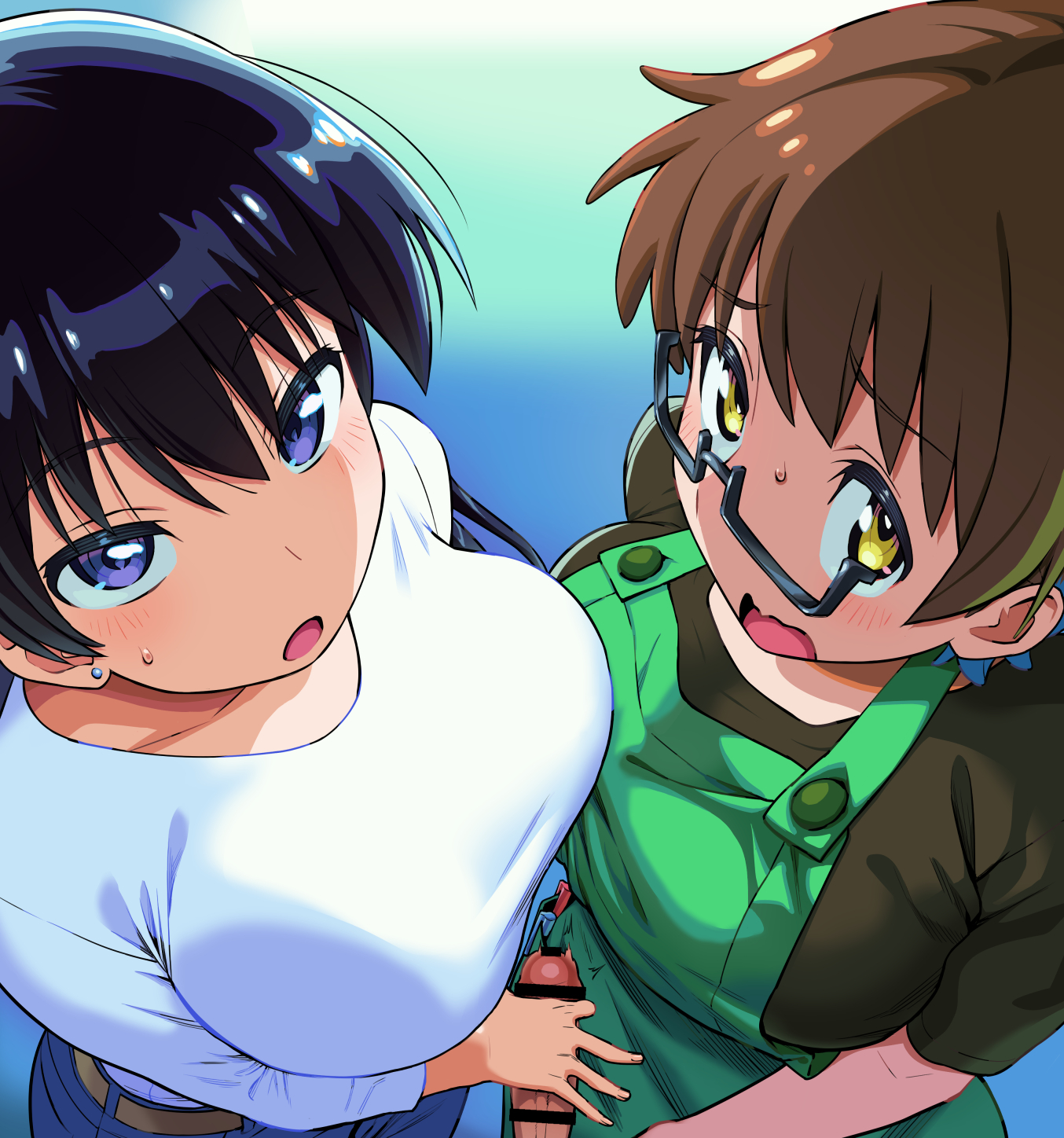 2girls, arato nagi, blue eyes, blue hair, breasts, brown hair, censored, clothed female, duo, duo focus, female, fully clothed, glasses, grabbing, grabbing penis, hi res, highres, holding penis, horny female, huge breasts, imari youko, imminent handjob, imminent sex, imminent threesome, issyoukin, jeans, large breasts, light skin, light-skinned female, long black hair, long hair, looking at viewer, male, multicolored hair, penis, pov, ruri no houseki, short hair, top down view, two-tone hair, voluptuous, voluptuous female, white shirt, yellow eyes