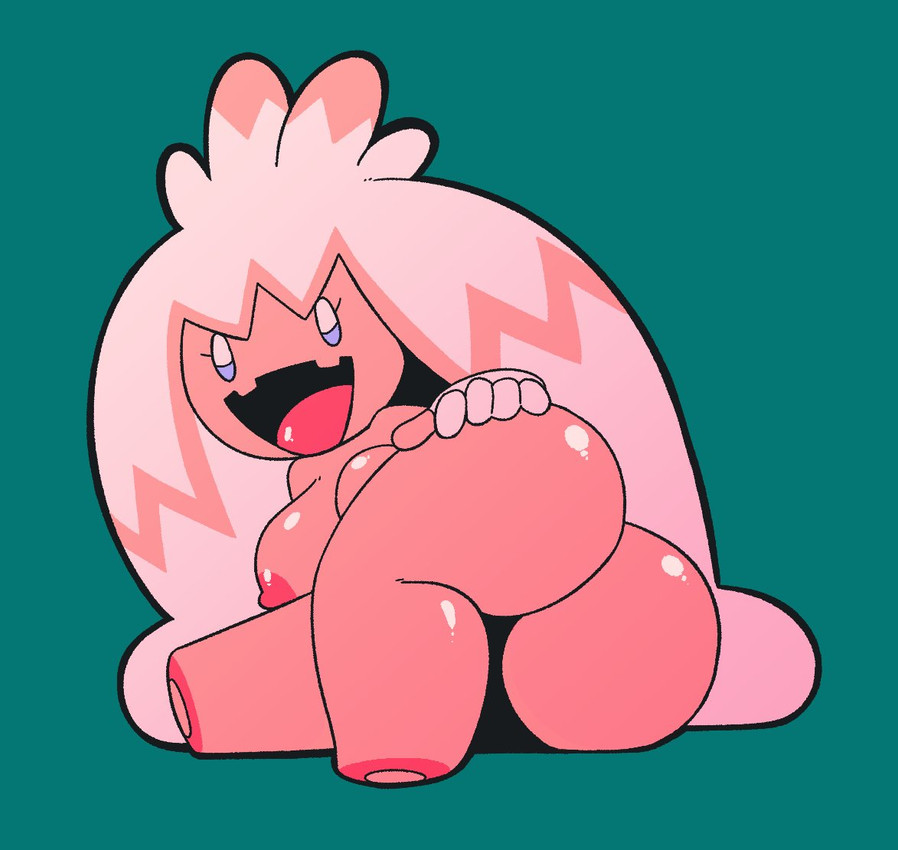 2022, areola, ass, big breasts, big butt, breasts, digital media (artwork), female, generation 9 pokemon, hand on butt, humanoid, looking at viewer, lying, nintendo, nipples, not furry, nude, nude female, nude humanoid, on side, open mouth, pink areola, pink body, pink nipples, pokemon, pokemon (species), pokemon only, short stack, solo, tinkaton, yopy