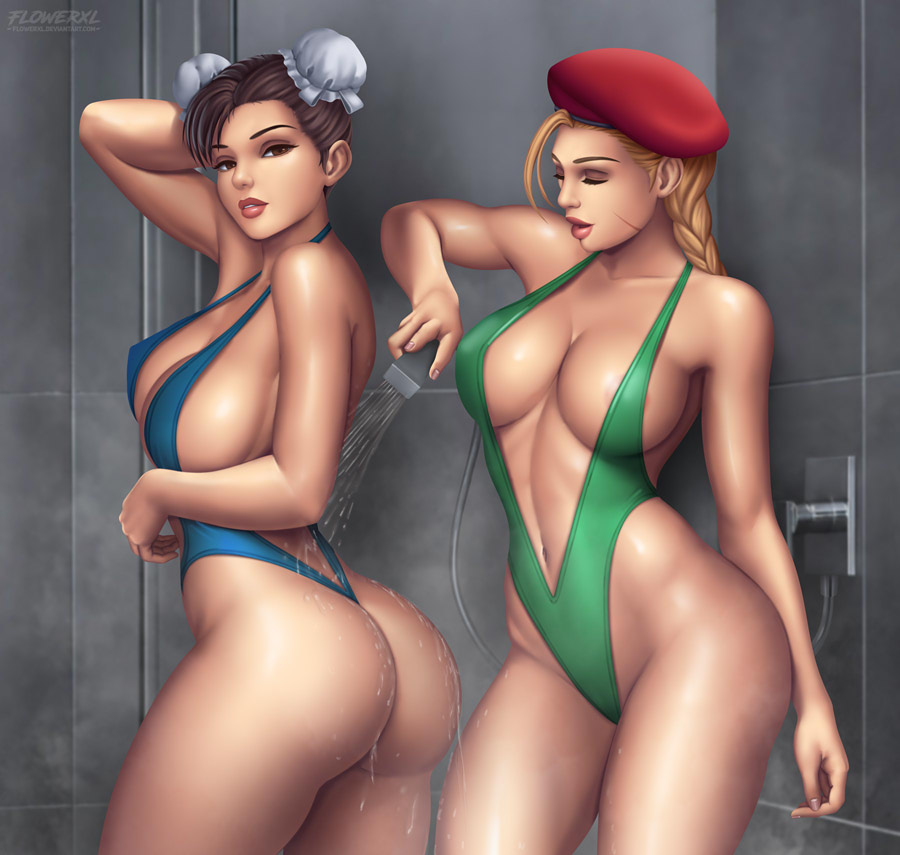 2girls, ass, big ass, big breasts, breasts, cammy white, chun-li, female, female only, flowerxl, large breasts, shower, street fighter
