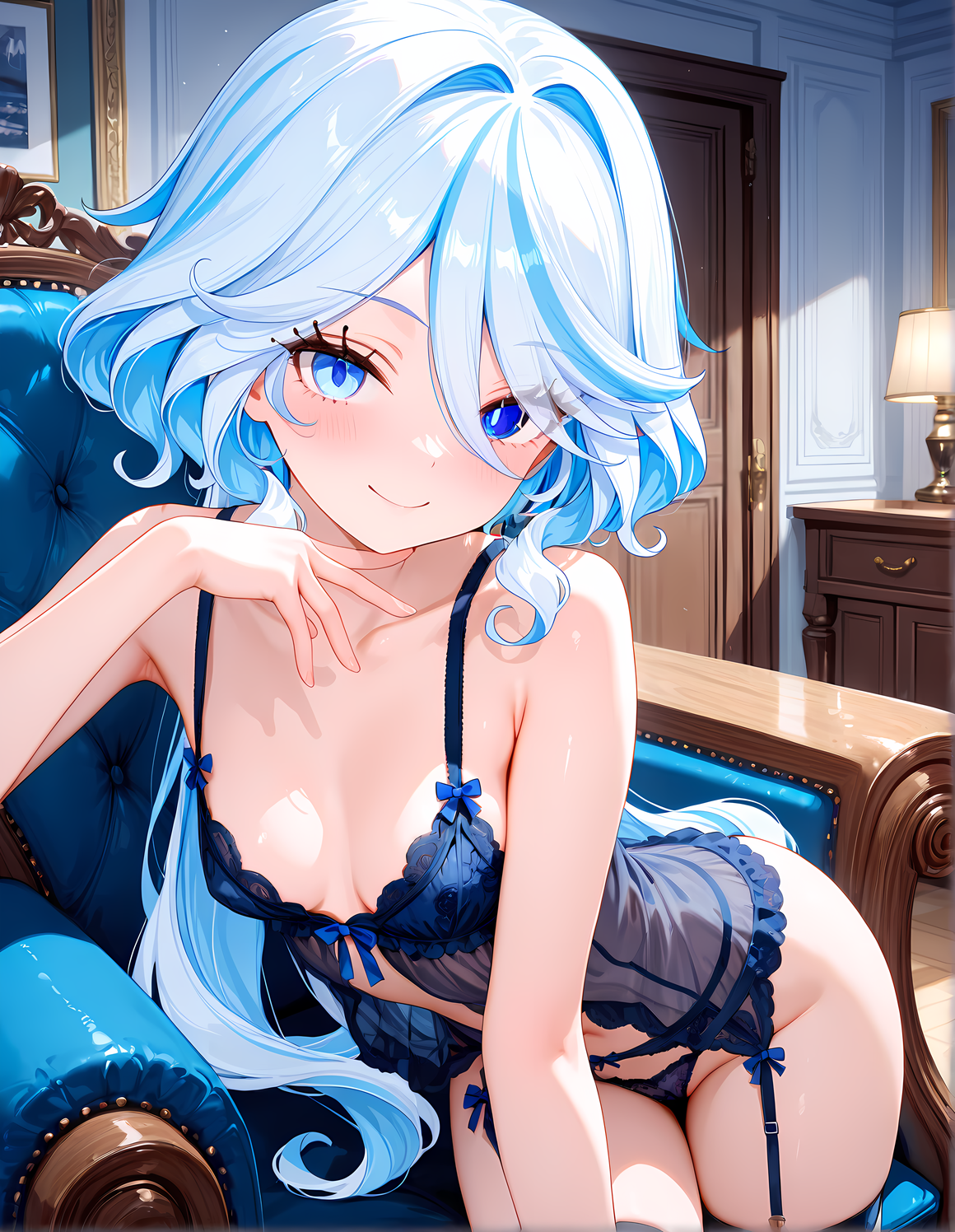 1girls, ai generated, blue eyes, blue hair, chair, closed mouth, female, female focus, furina (genshin impact), genshin impact, lingerie, looking at viewer, open eyes, open mouth, smile