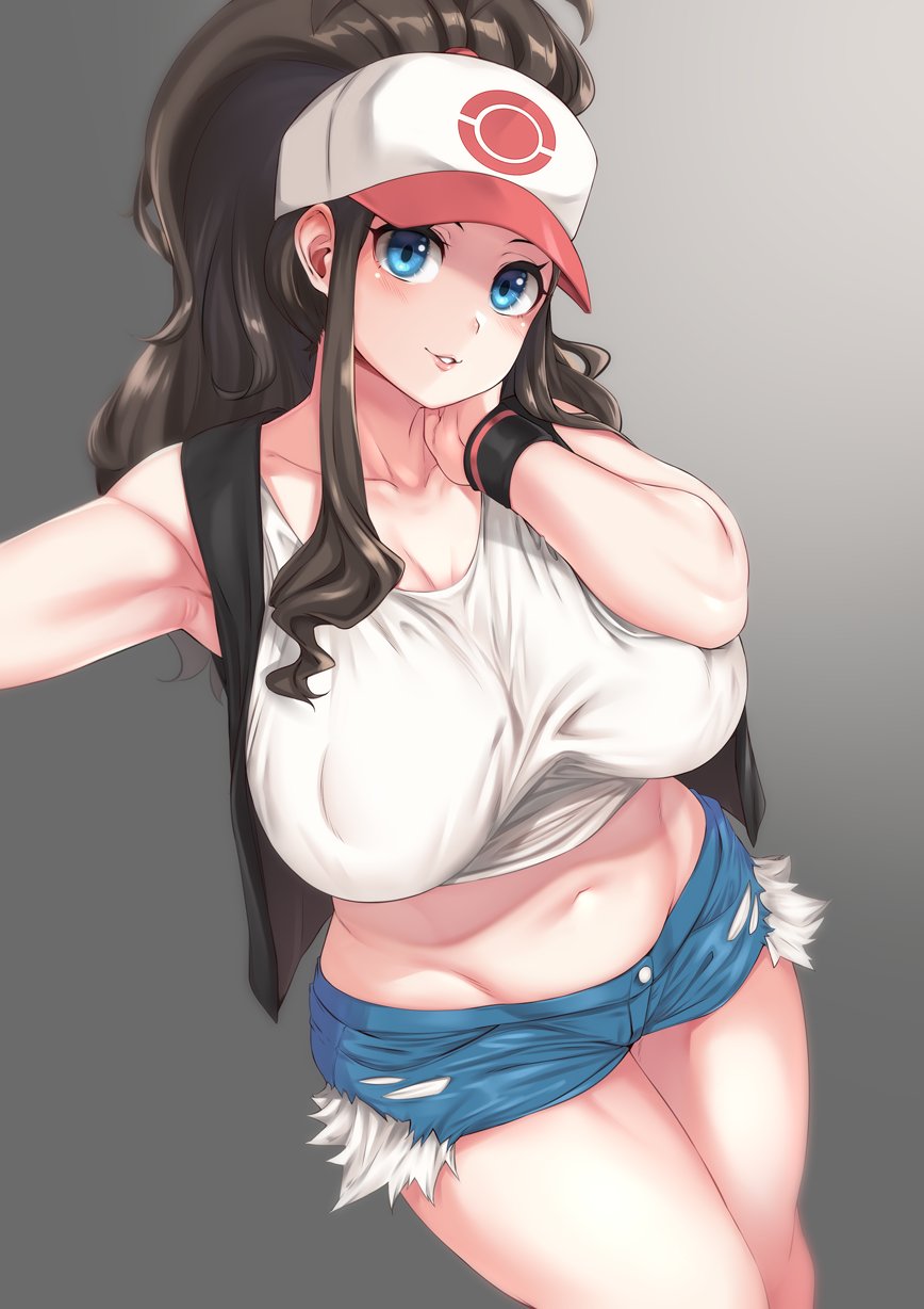 1girls, big breasts, breasts, cleavage, female, female only, hat, hilda (pokemon), human, large breasts, moisture (chichi), nipple bulge, pokemon, pokemon bw, ponytail, shorts, solo, tank top