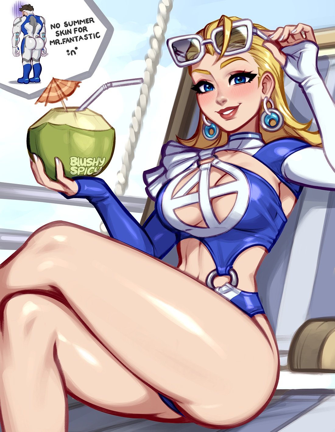 1girls, blonde female, blonde hair, blue eyes, blue swimsuit, blushypixy, blushyspicy, everyone is so mean 2 me, fantastic four, female, invisible woman, invisible woman (azure shade), invisible woman (marvel rivals), long hair, marvel, marvel comics, marvel rivals, mr fantastic, reed richards, sue richards, sue storm, sunglasses, sunglasses on head, swimsuit