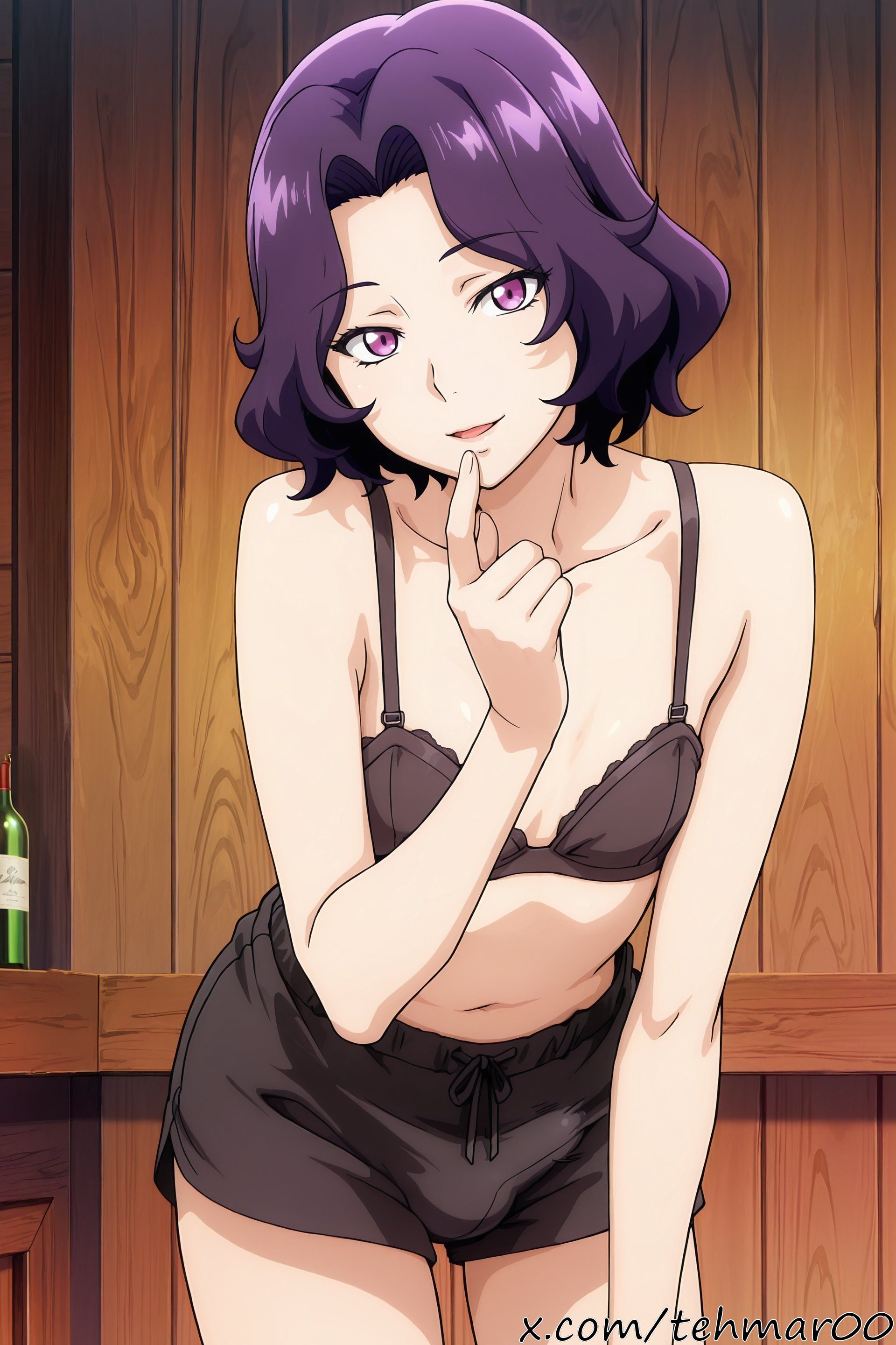 1boy, ai generated, black bra, bra, collarbone, femboy, finger to mouth, flat chest, genderswap (ftm), grand blue, hamaoka azusa, index finger raised, indoors, leaning forward, lipstick, looking at viewer, makeup, male, male only, navel, purple eyes, purple hair, rule 63, short hair, shorts, solo, tagme, tehmar, trans woman, transfem, trap, underwear