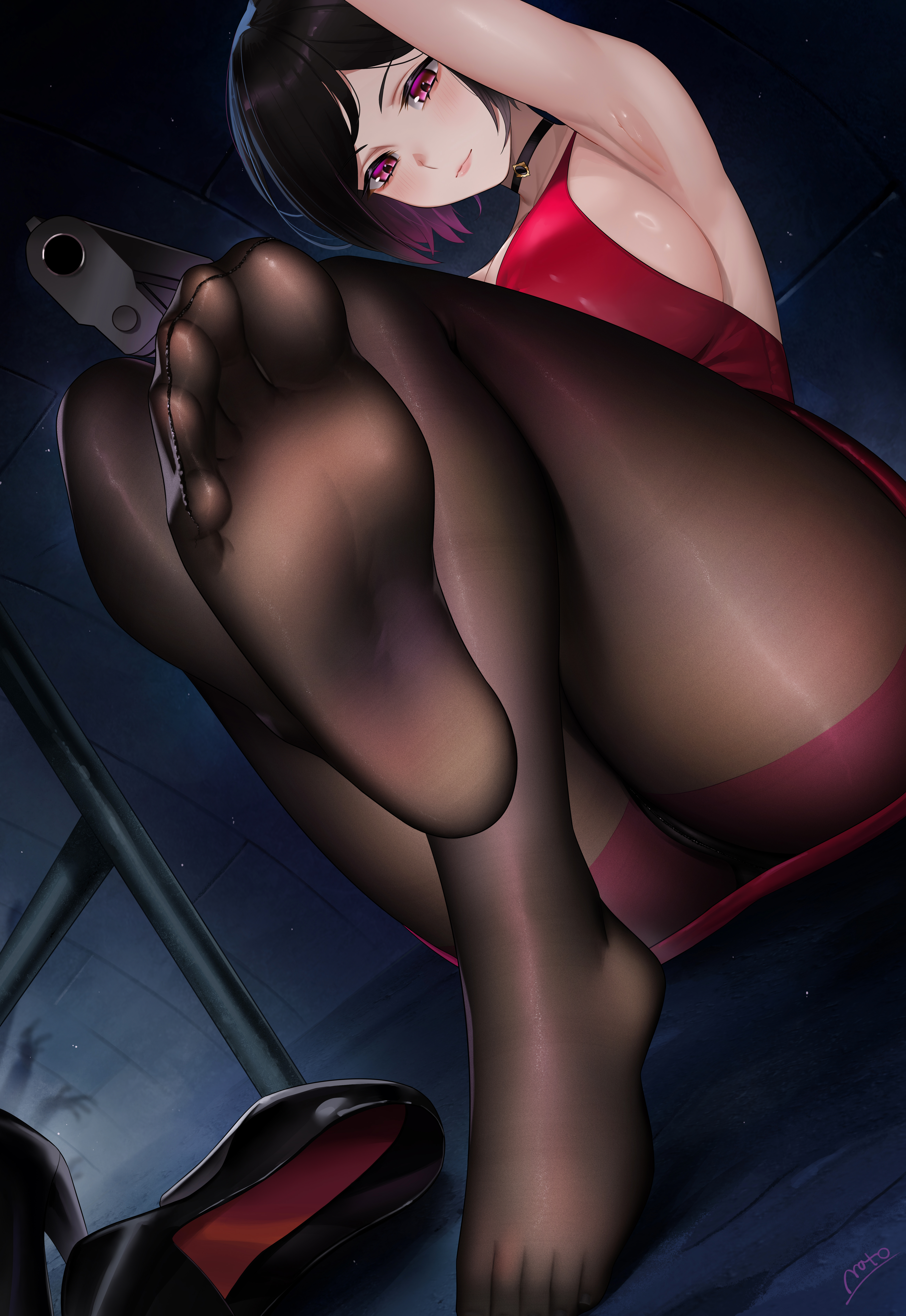 1girls, absurdres, ada wong, black hair, blush, feet, feet visible through clothing, female, female only, foot focus, gun, handgun, highres, looking at viewer, mato kuroi, medium hair, pantyhose, red eyes, resident evil, shoes, soles, toes, unworn shoes, weapon