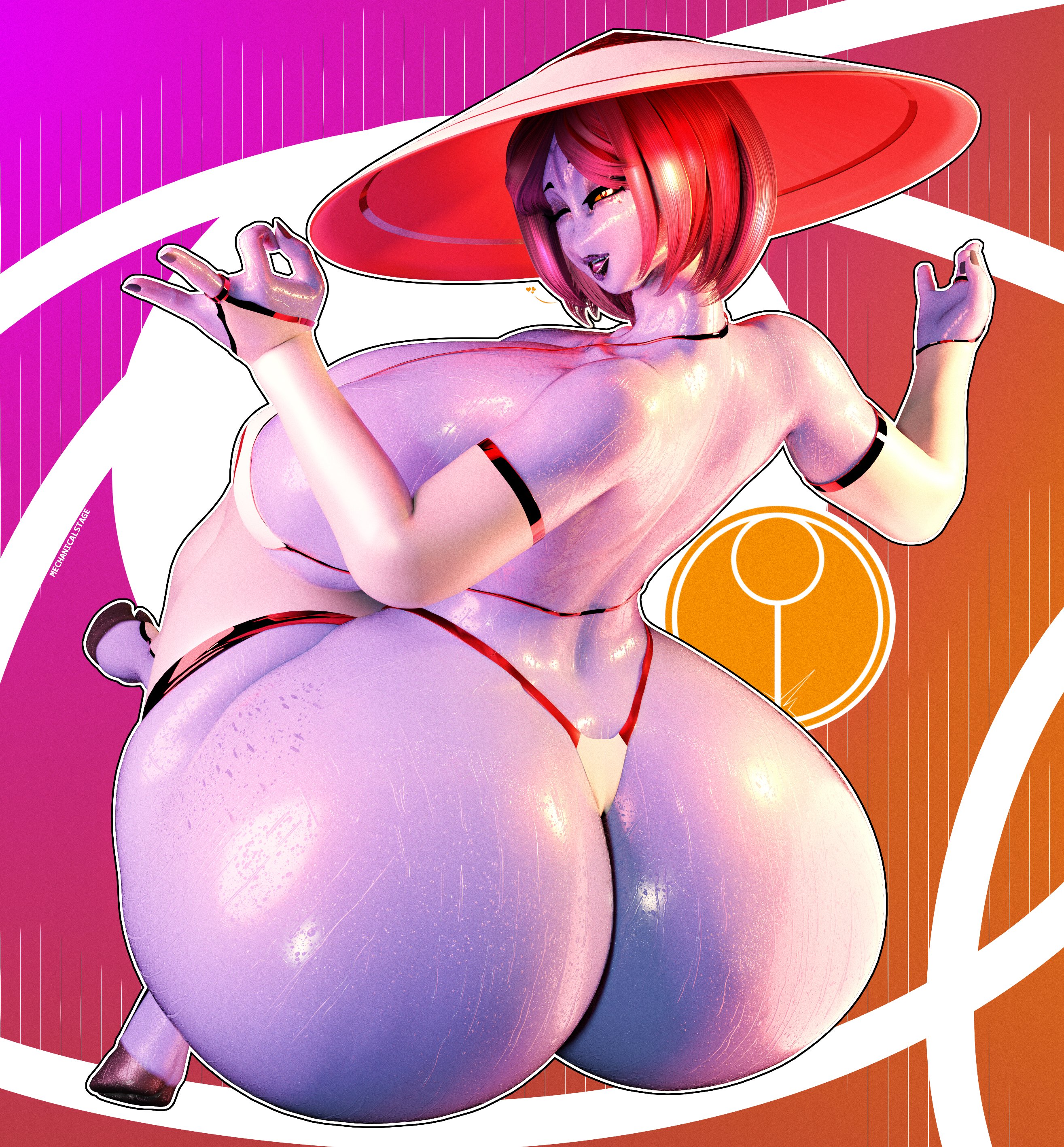 1girls, 3d, ass, ass bigger than head, ass focus, big hat, breasts, breasts bigger than head, female, female only, gigantic ass, gigantic breasts, gradient background, hand gesture, hat, huge ass, huge breasts, japanese clothing, kino (tonka kryga), looking at viewer, looking back, lotus position, magenta background, massive ass, mechanicalstage, orange background, outline, purple background, purple skin, purple-skinned female, round ass, solo, tagme, tau, tau (bysamzan), warhammer (franchise), warhammer 40k, white outline, wide ass, wink, winking at viewer