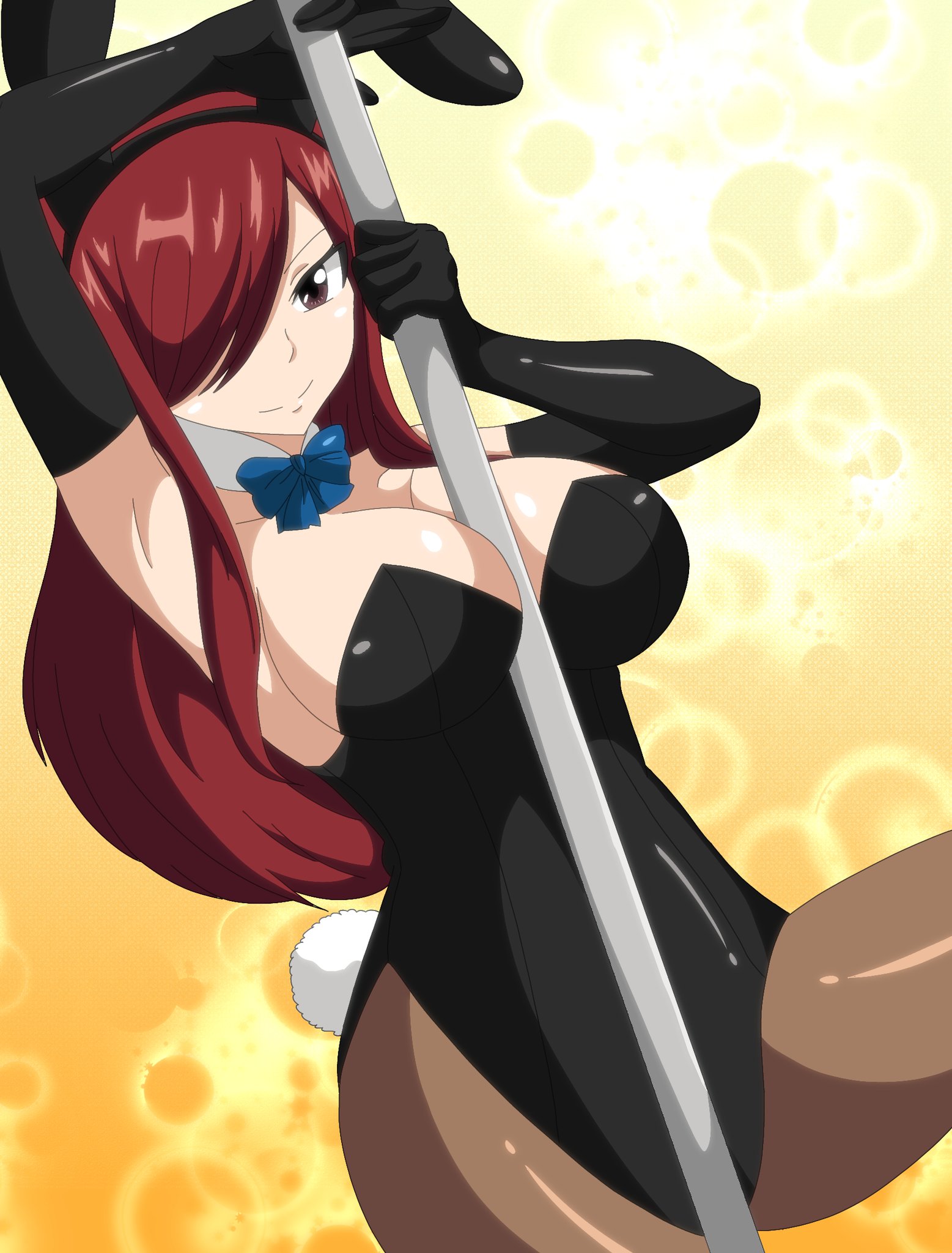 1girls, armpits, big breasts, black leotard, black pantyhose, blue bow, blue bowtie, bow, bowtie, breasts, brown eyes, bunny ears, bunny tail, bunnysuit, detached collar, elbow gloves, erza scarlet, fairy tail, female, glistening, glistening breasts, gloves, highres, large breasts, leotard, long hair, pantyhose, playboy bunny, pole, rabbit ears, rabbit tail, red hair, red-haired female, smile, strapless, strapless leotard, stripper pole, tagme, trenganfinn29